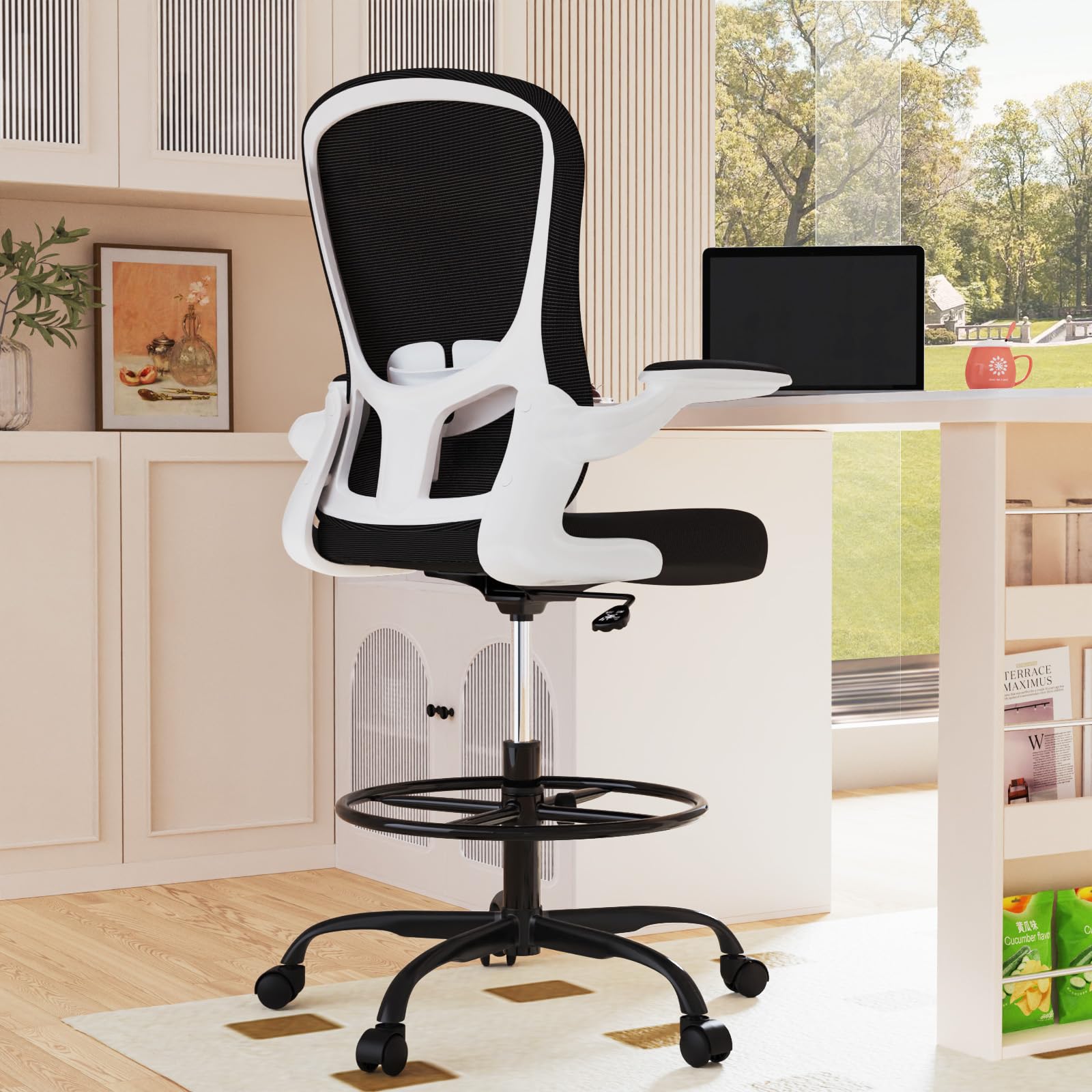 Ergonomic Drafting Chair with Flip-Up Armrests & Adjustable Footrest - Tall Office Chair for Standing Desks - Executive Computer Chair with Lumbar Support - Perfect for Architects, Designers & Home Office Workspaces