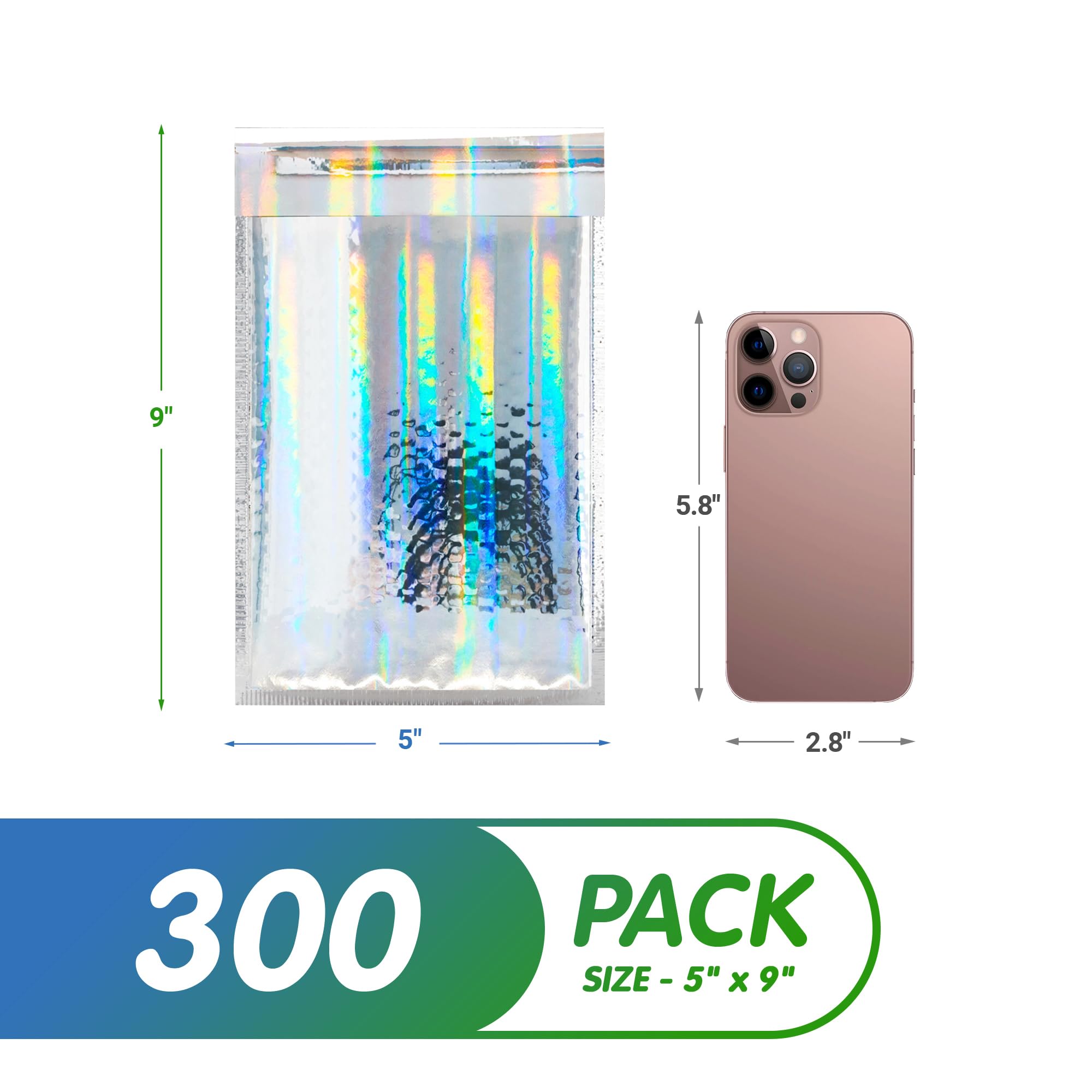 Hologram Bubble Mailers 5x9 Inches - 300 Pack Glamorous Metallic Self-Seal Envelopes | Waterproof & Heavy Duty Shipping Bags for Cosmetics, Jewelry & Small Business Packaging | Perfect for Ecommerce, Online Stores & Gift Wrapping