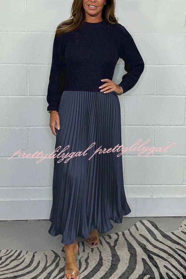 Stylish Knitted Round Neck Long Sleeve Patchwork Pleated Hem Maxi Dress for Women | Elegant Boho Chic Winter Dress | Perfect for Holiday Parties, Date Nights & Casual Outings