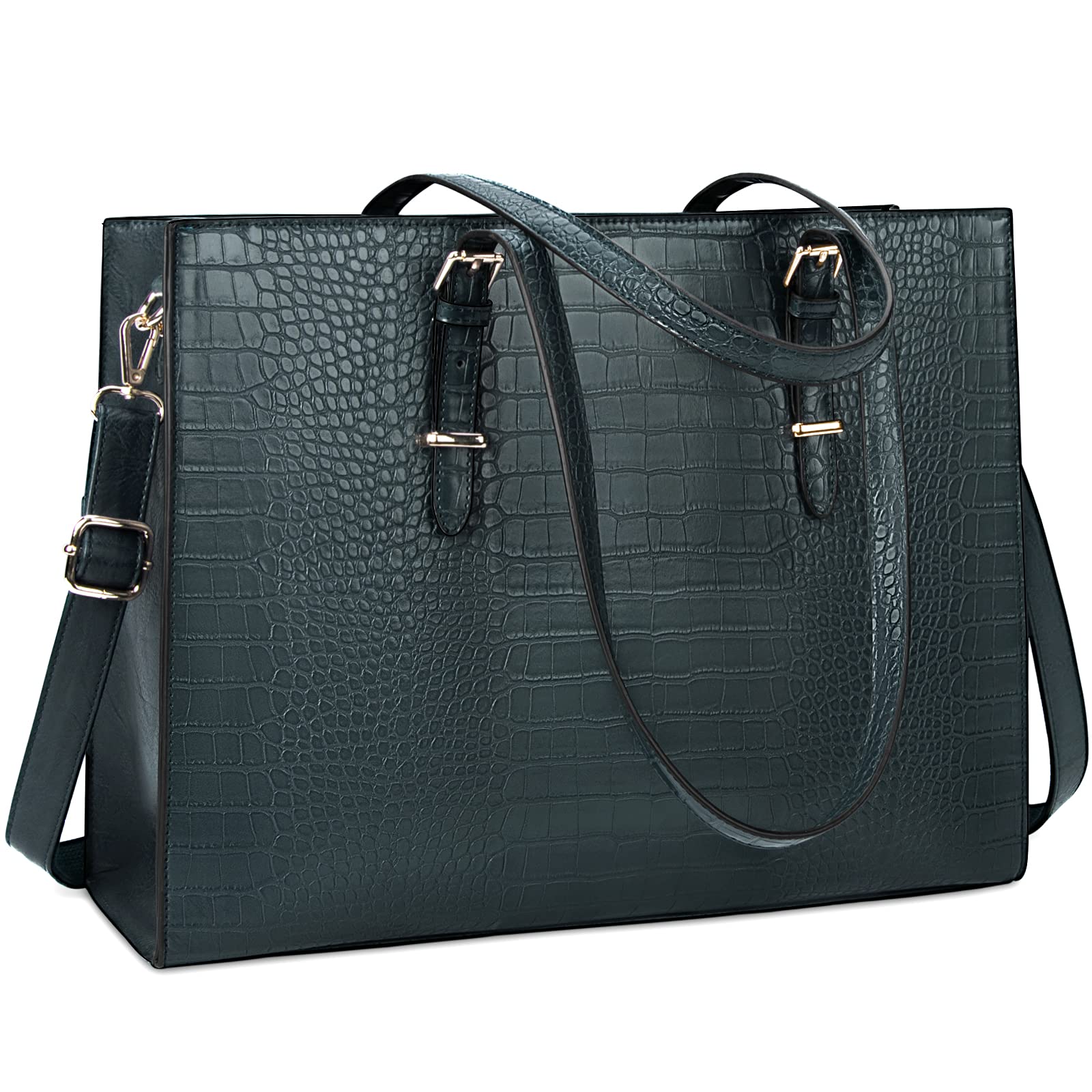 15.6 Inch Leather Laptop Tote Bag for Women - Waterproof Professional Business Office Shoulder Bag, Dark Green, Large Capacity, Ideal for Work, Travel, and Daily Commute