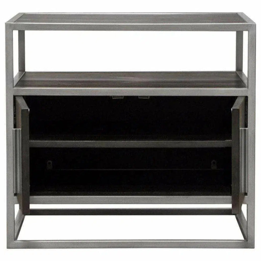 Dark Brown 2-Door End Table with Silver Metal Frame - Perfect for Living Room, Bedroom, or Office Side Table