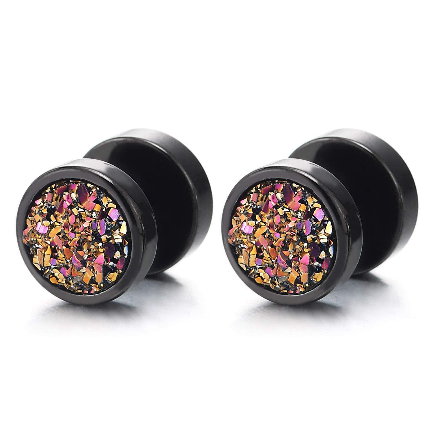 10mm Black Glitter Circle Stud Earrings for Women & Men - Stainless Steel Fake Ear Plugs & Gauges Tunnel - Perfect for Parties, Concerts, and Alternative Fashion