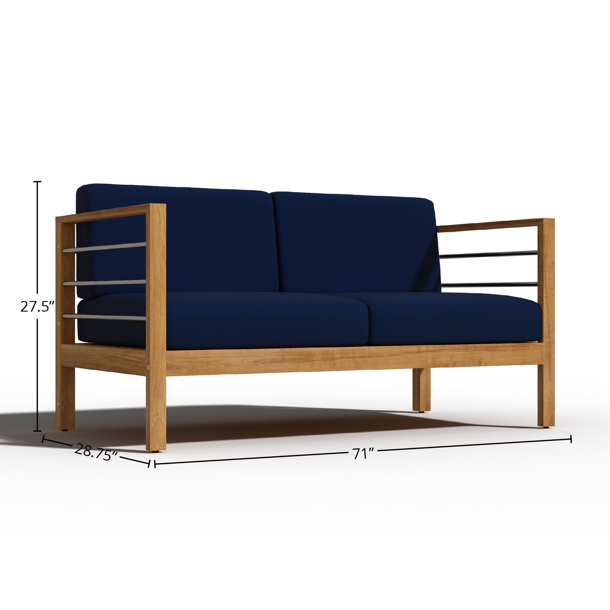 Leon 3-Person Teak Outdoor Sofa with Sunbrella Navy Cushion - Waterproof Patio Furniture for Garden, Poolside & Backyard Relaxation