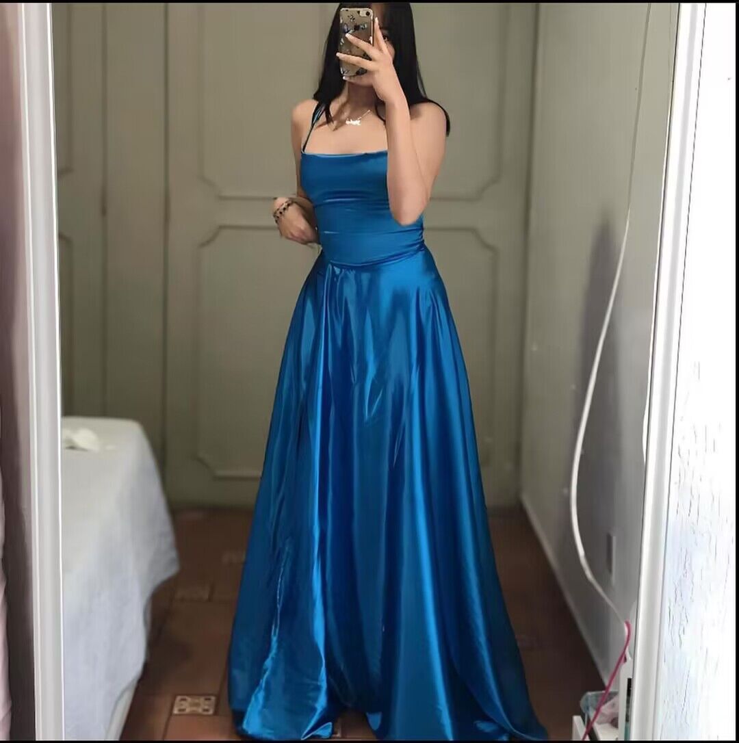 Elegant A-Line Blue Satin Long Prom Dress with High Slit J2923 - Perfect for Homecoming, Formal Dances & Evening Galas