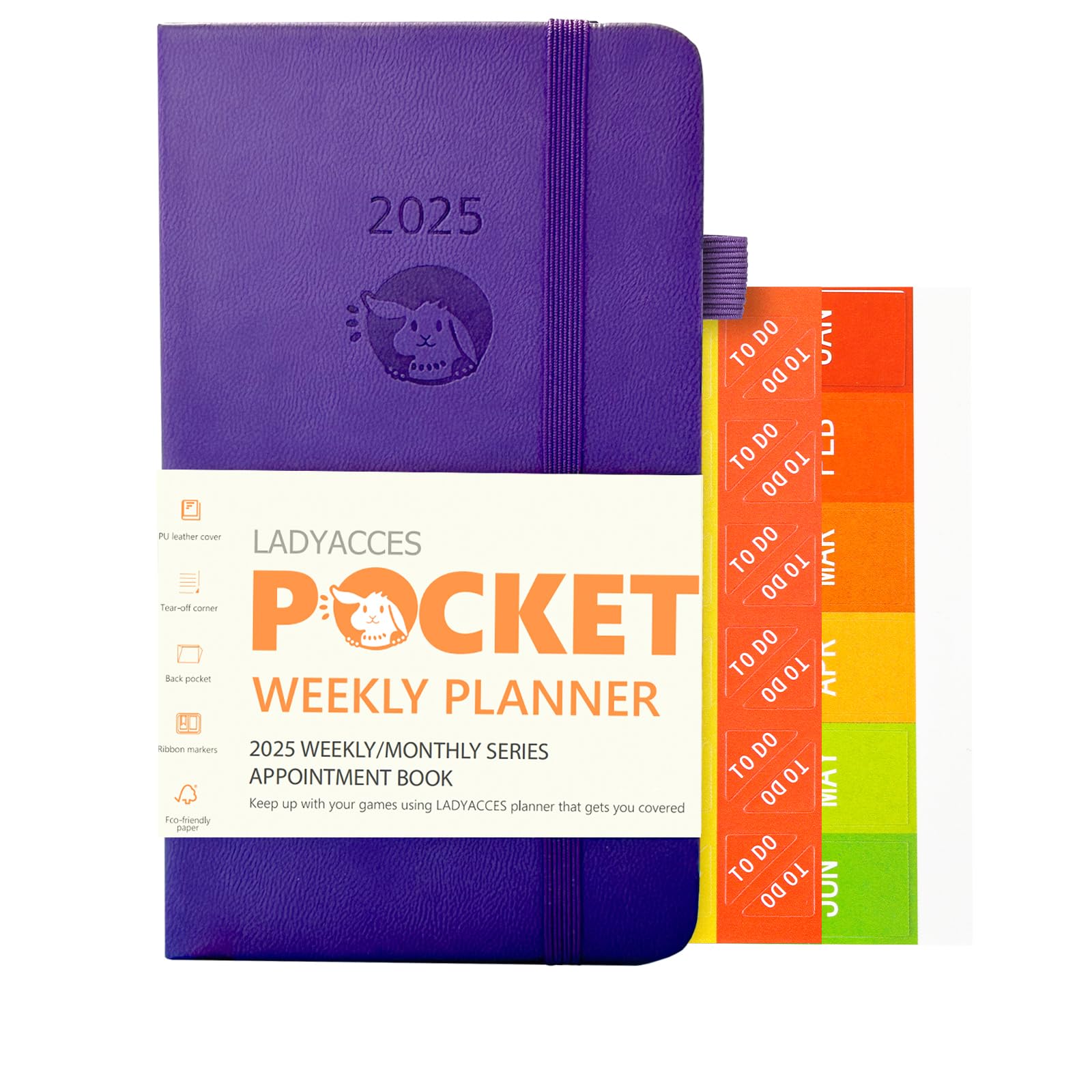 2025 Pocket Calendar Planner - Weekly & Monthly Agenda with Vegan Leather Hard Cover, Elastic Closure, Inner Pocket & Pen Holder - 3.5