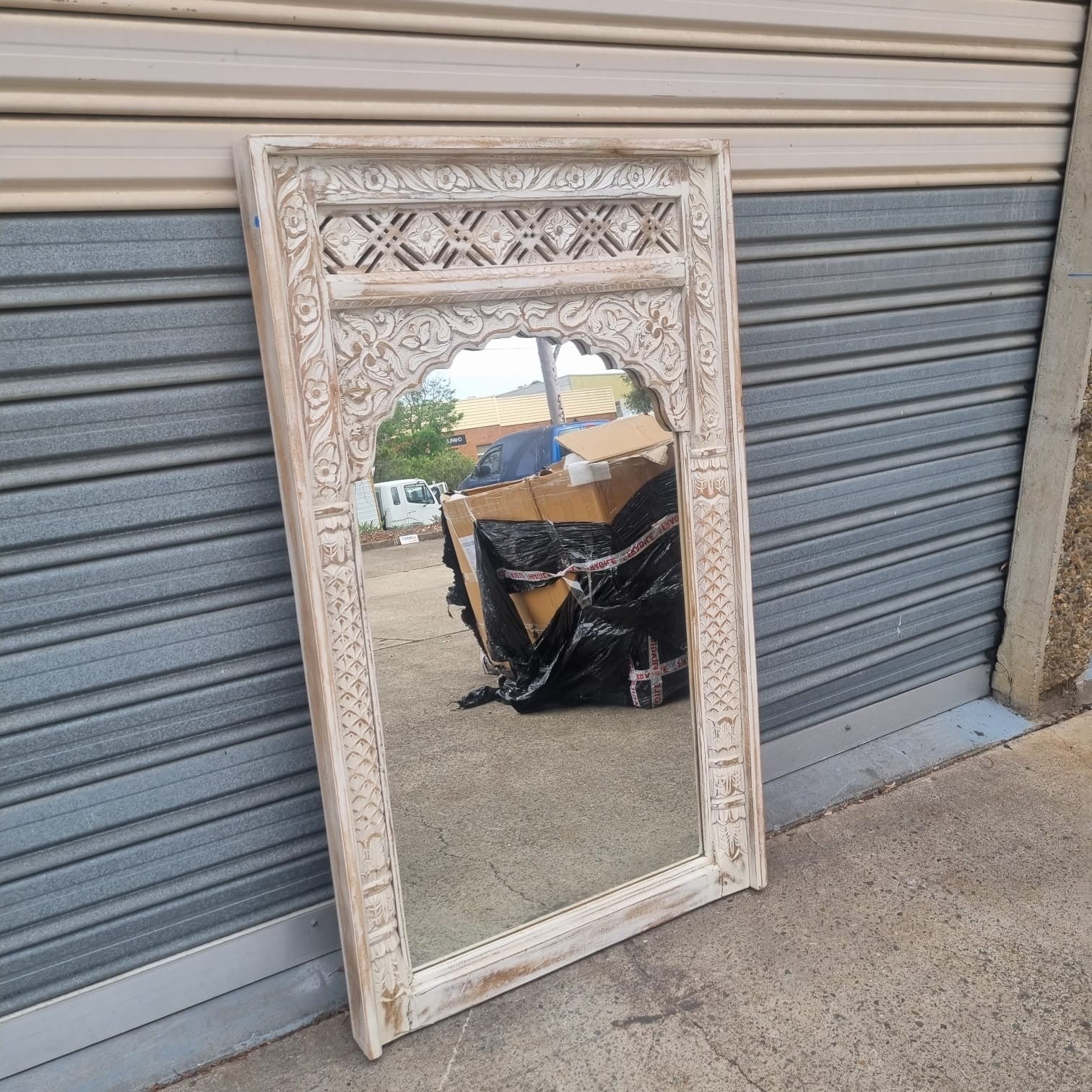 Handmade Carved Solid Wood Indian Furniture Mirror Frame - Rustic White Finish - 59