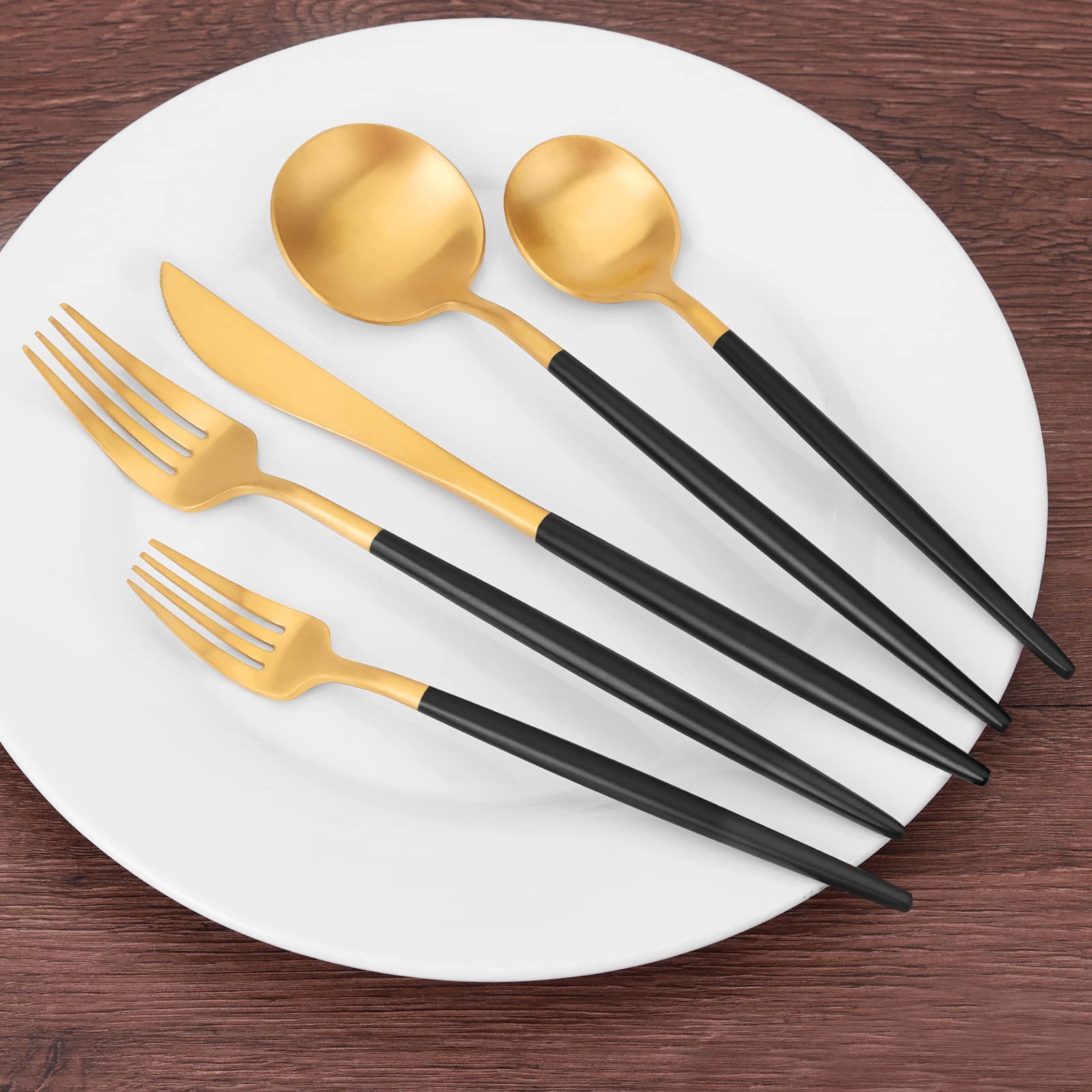 SHARECOOK 20-Piece Matte Gold Silverware Set - Stainless Steel Satin Finish Flatware Set for 4 - Elegant Kitchen & Tableware Cutlery for Home & Restaurant Use - Black Handle Utensils - Perfect for Dinner Parties, Weddings & Fine Dining