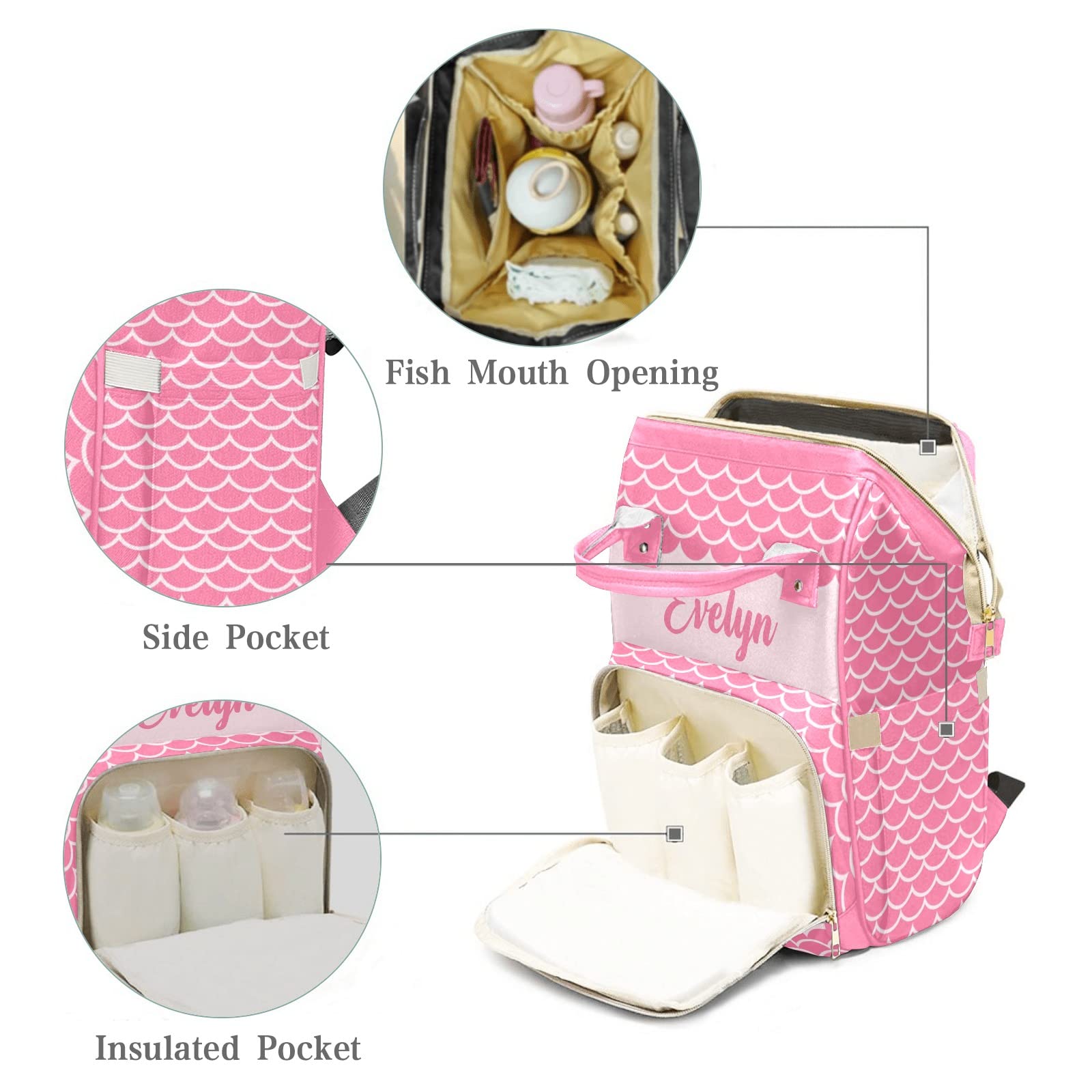 Custom Mermaid Pink Diaper Bag Backpack Tote - Personalized Baby Shower Gift for Moms, Waterproof & Spacious for Travel, Daycare & Outings