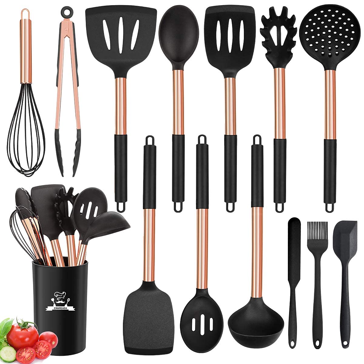 14-Piece Silicone Cooking Utensil Set - Non-Stick, Heat Resistant Kitchen Tools with Copper Stainless Steel Handles (Turner, Tongs, Spatula, Spoon) - BPA Free & Non-Toxic - Perfect for Baking, Frying & Everyday Cooking