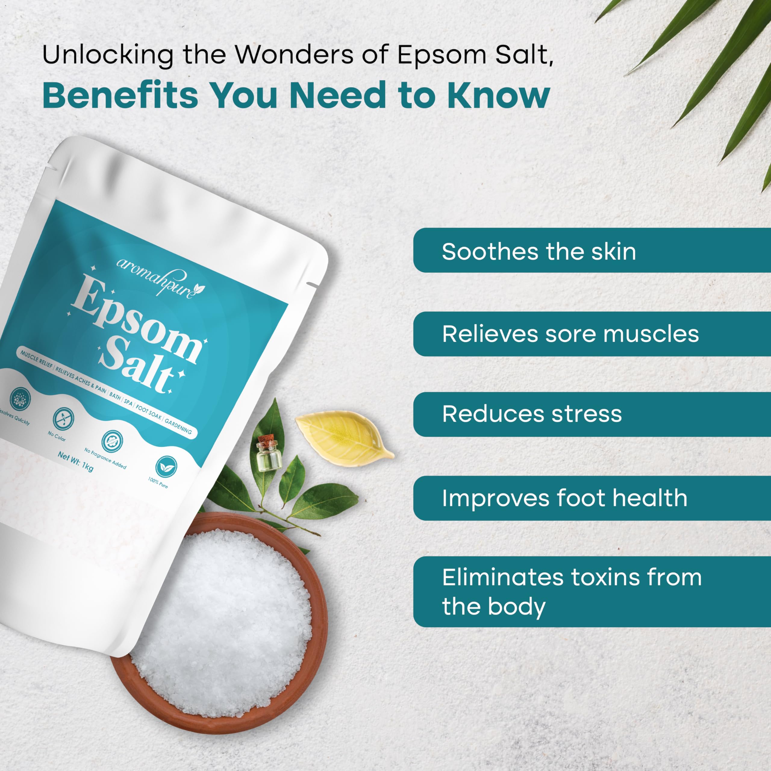 Aromahpure Epsom Salt 1kg - 100% Pure Magnesium Sulfate Bath Salt for Pain Relief & Muscle Relaxation | Skin Moisturizer & Detoxifier | Body Spa, Gardening & Plant Care | Perfect for Relaxing Baths, Post-Workout Recovery & Plant Nutrition