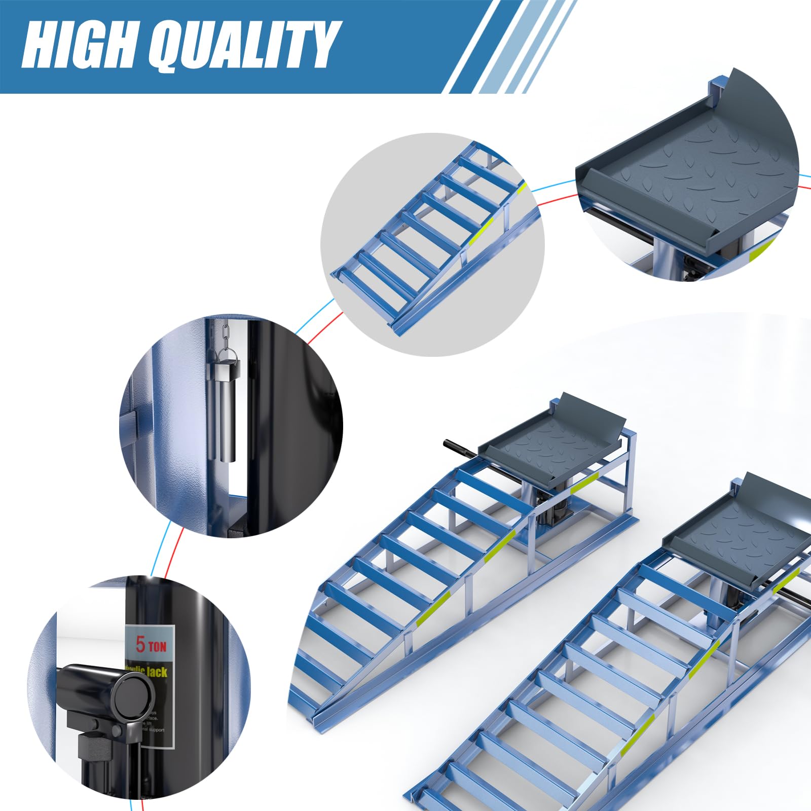 2 Pack Heavy Duty 5T 11000lbs Steel Car Ramps for Garage & Auto Repair - Hydraulic Vehicle Lift Ramps with Reflective Safety Stickers (9.8