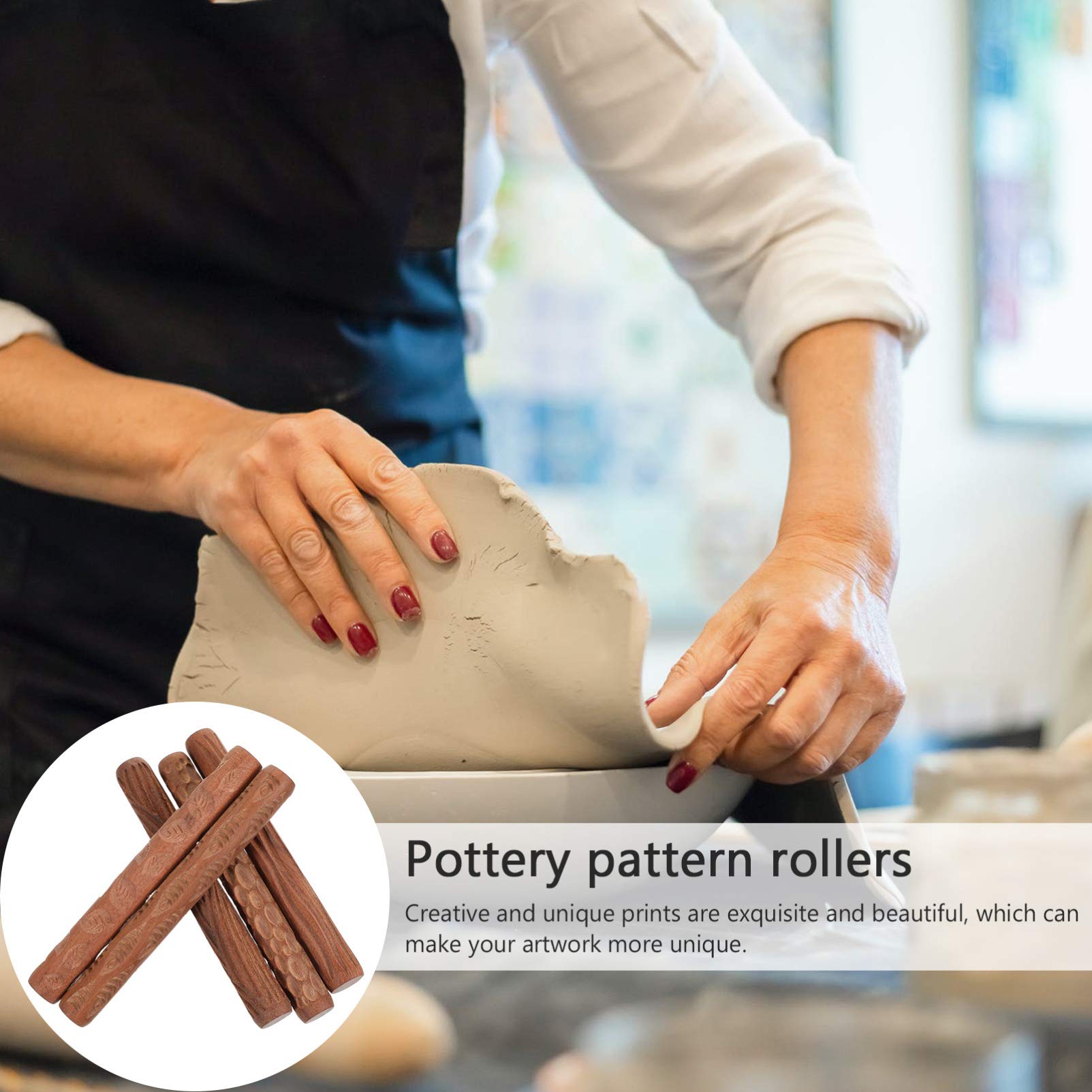 Happyyami 5-Piece Pottery Clay Rolling Tools Set with Wooden Handles & Textured Pattern Rollers - Perfect for Clay Sculpting, Ceramic Arts, and DIY Craft Projects on Clay Boards