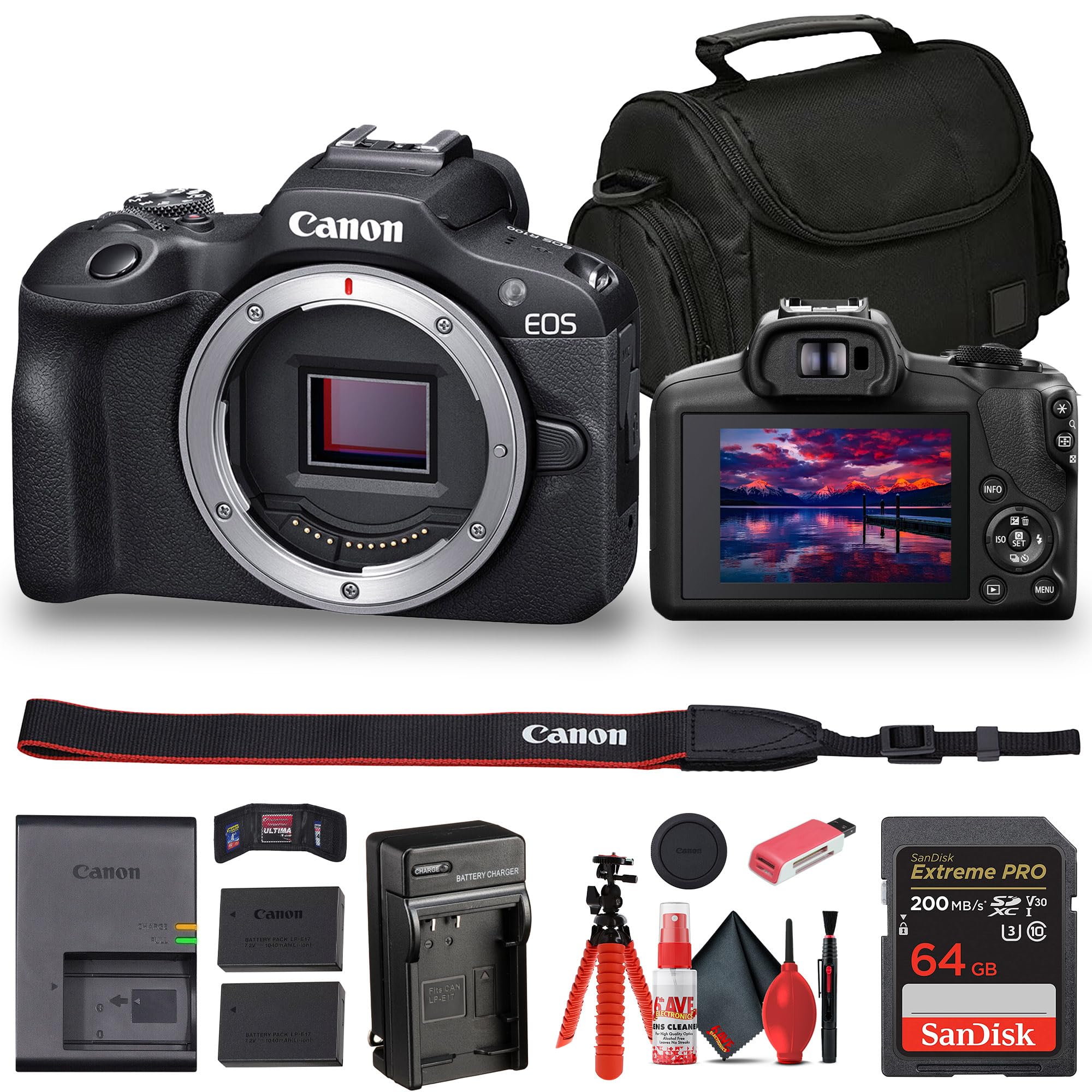 Canon EOS R100 Mirrorless Digital Camera Kit - 24.1MP, 4K Video, RF Mount (Renewed) with Camera Bag, 64GB SD Card, Extra Battery, Charger, Tripod & Cleaning Kit - Perfect for Travel, Vlogging & Photography Enthusiasts