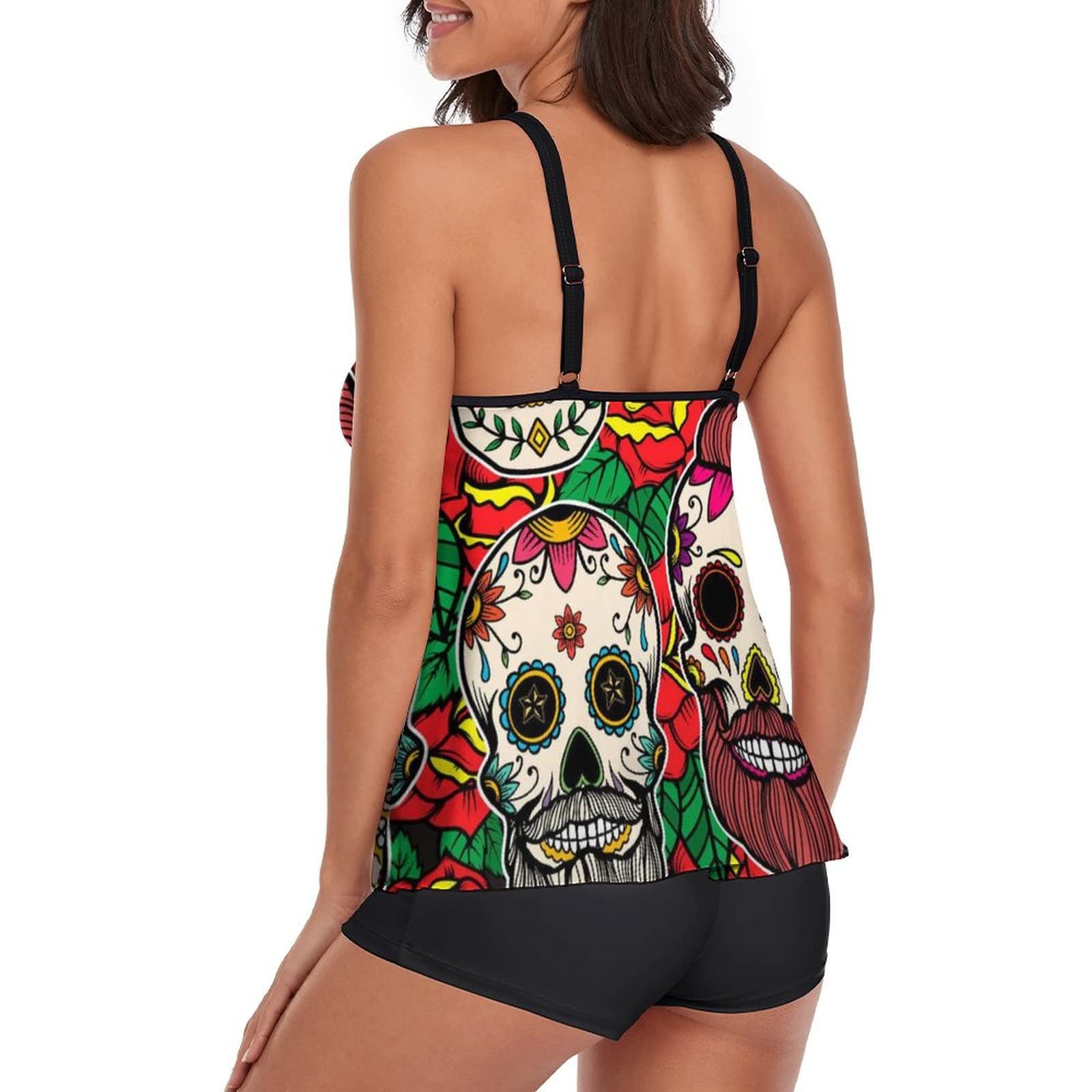 Women's Quick Dry Tummy Control Tankini Swimwear Set - Floral Rose & Sugar Skull Print Adjustable Strap Bathing Suit for Beach, Pool, Vacation | Plus Size Swimwear for Women, Loose Fit Two Piece Swimsuits for Swimming, Spa & Summer Activities