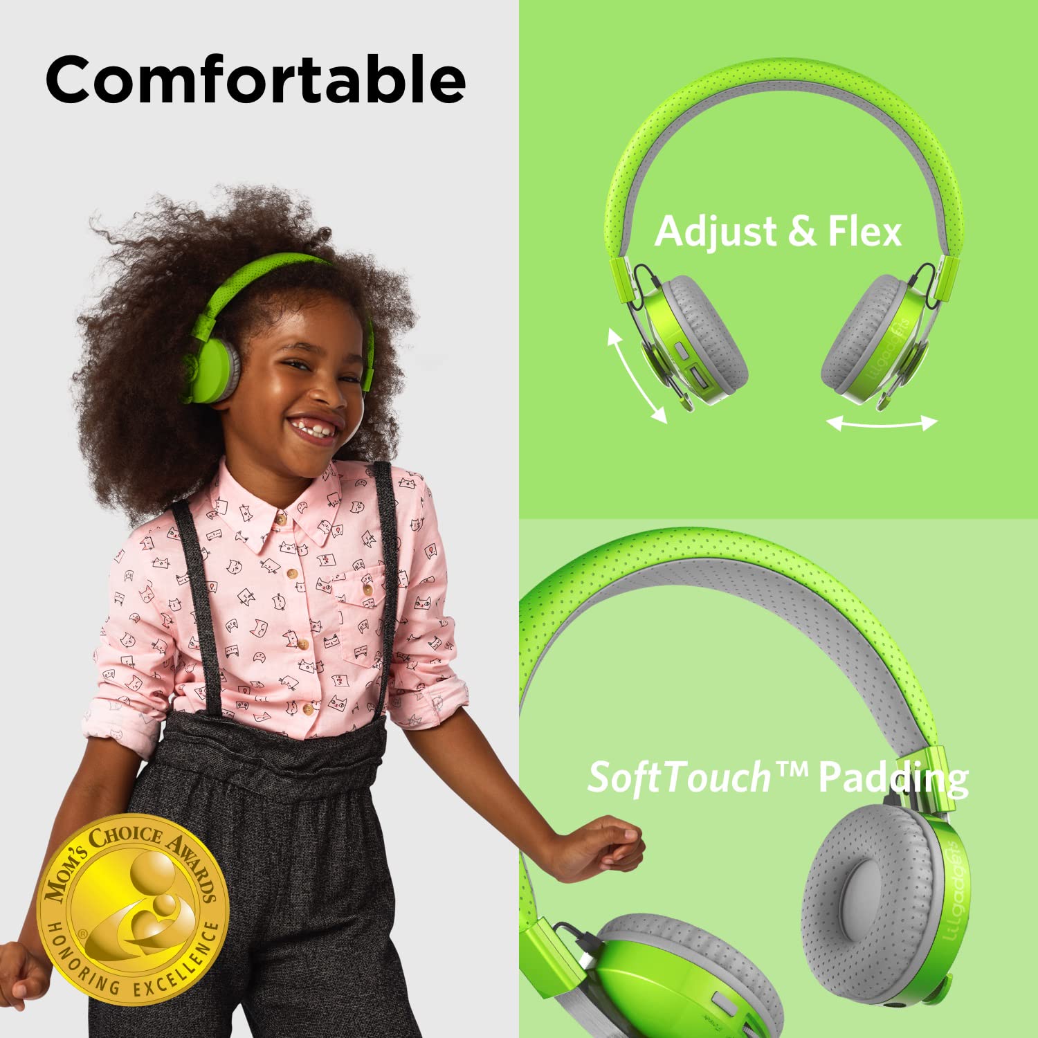 LilGadgets Untangled Pro Wireless Kids Headphones with Microphone - Volume Limited Safe Listening, SharePort Technology, SoftTouch Ear Pads - Green Bluetooth Headphones for School, Travel & Home Use