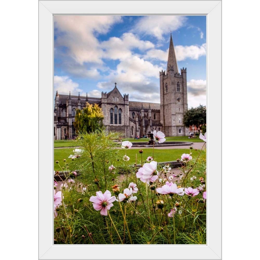 St. Patrick's Cathedral and Flowers - White Framed Art Print - European Wall Decor for Home, Office & Church Interiors