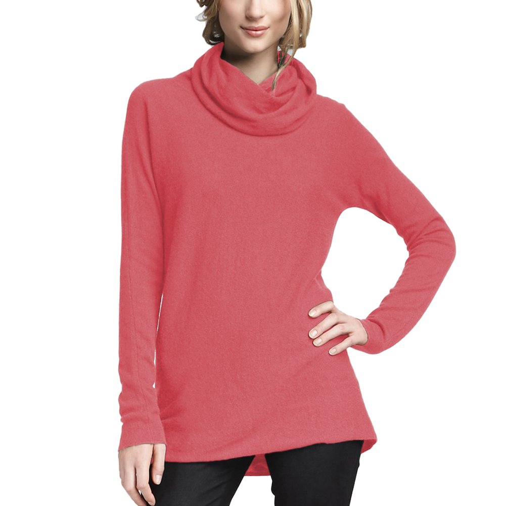 Parisbonbon Women's 100% Cashmere Cowl Neck Sweater - Soft Coral Pink Pullover, Size Large - Perfect for Winter Layering & Casual Office Wear