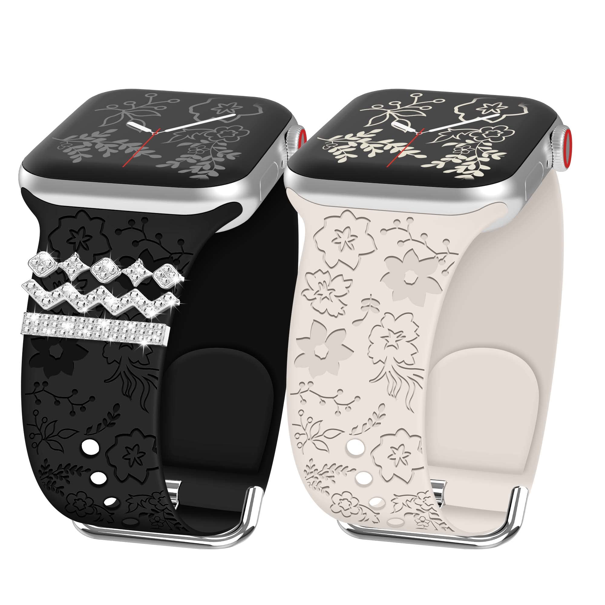 Floral Engraved Silicone Apple Watch Bands for Women - 2 Pack Compatible with 38/40/41/42/44/45/49mm iWatch Series 8/7/6/5/4/3/2/1/SE/Ultra - Soft Replacement Strap with Decorative Rings - Perfect for Workouts, Office & Everyday Wear