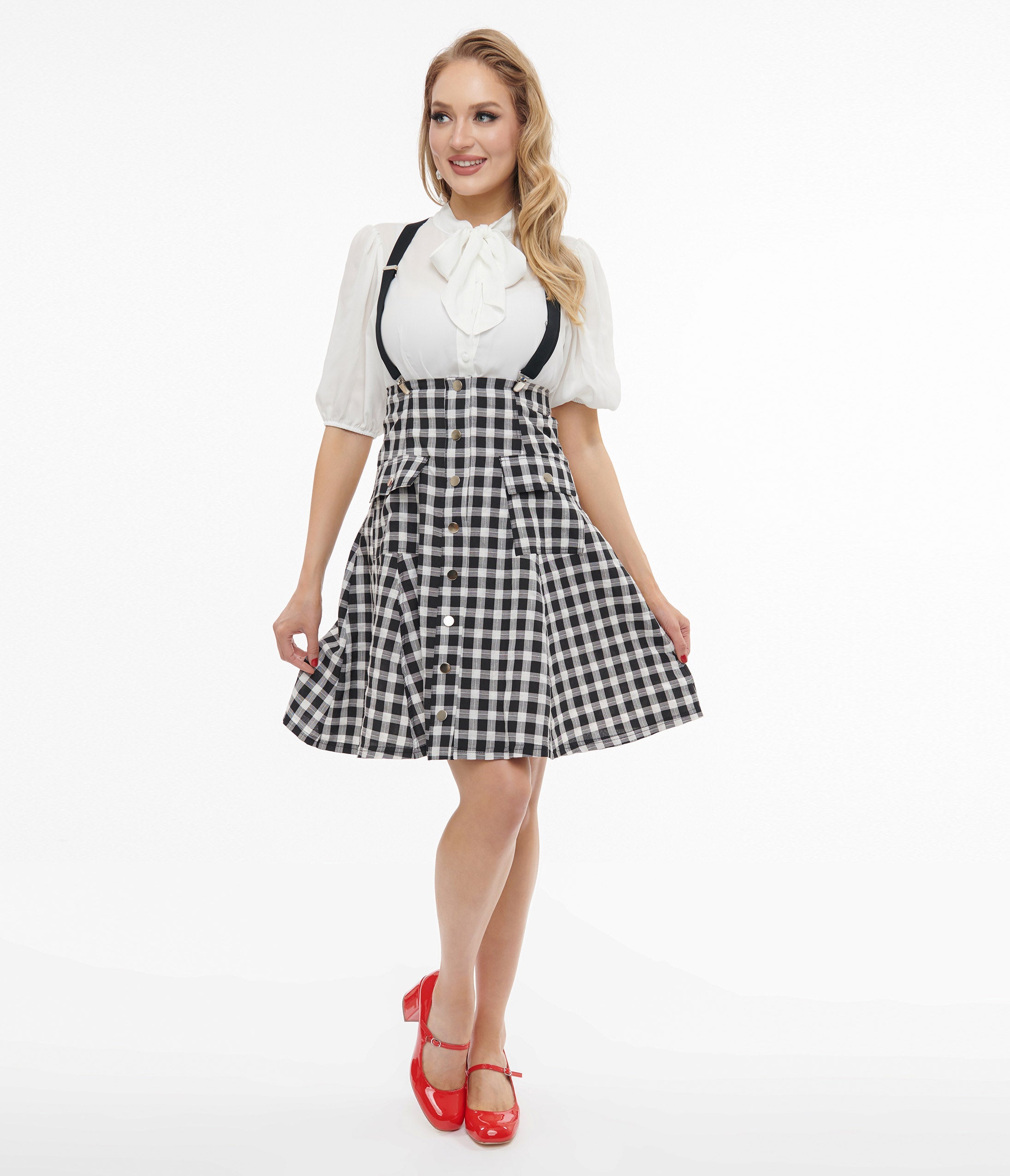Vintage 1950s Black & White Gingham Flare Skirt with Suspenders - Retro Swing Skirt for Pinup Fashion, Rockabilly Outfits & Vintage Costume Parties