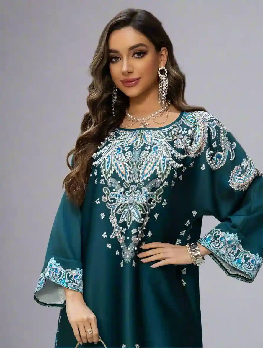 Elegant Hotfix Rhinestone Printed Caftan Kaftan Dress for Women - Eid Party Wear, Summer Beach Cover Up, Boho Maxi Dress #25425