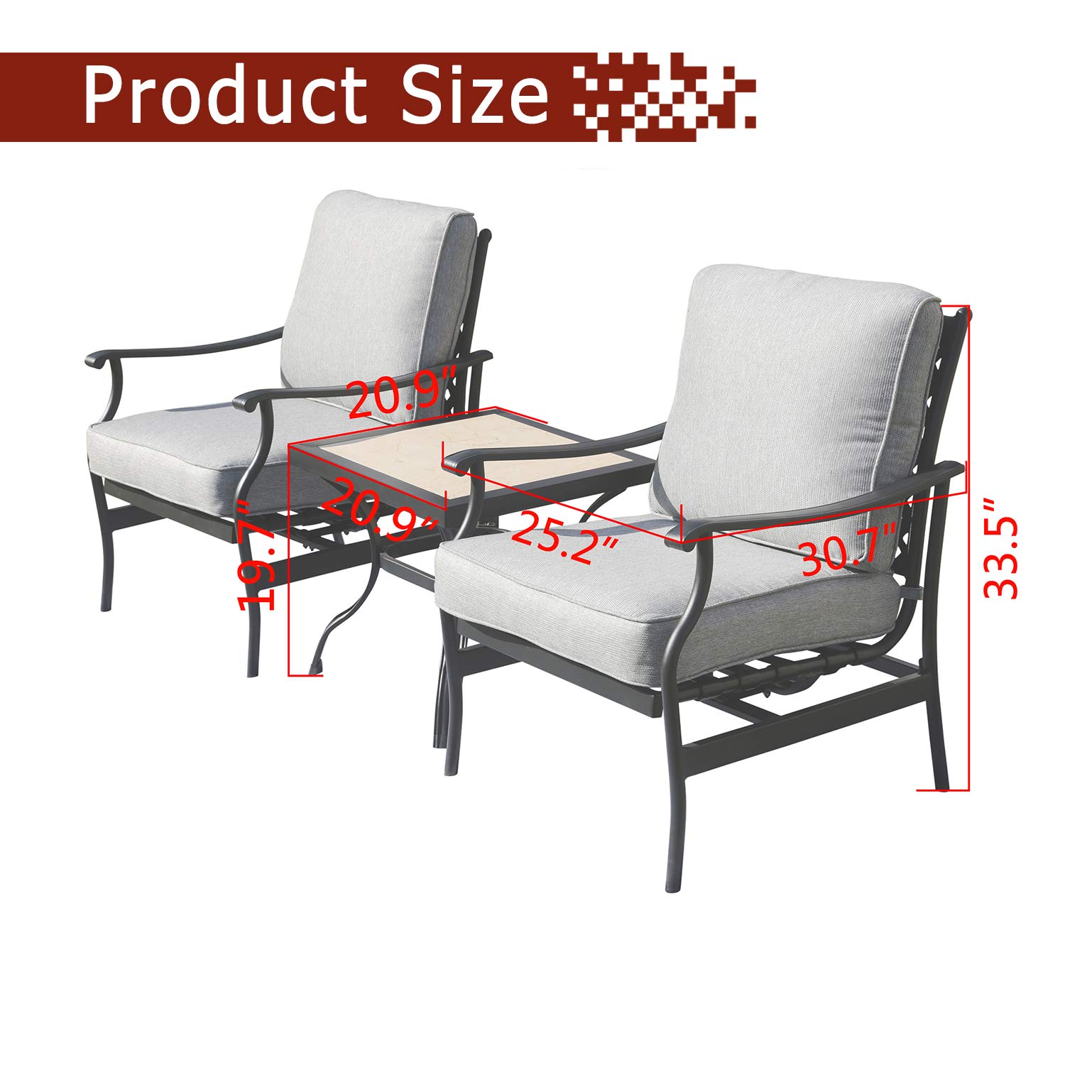 3-Piece Outdoor Patio Dining Set - Square Metal Table & 2 Armchairs with Thick Cushions - Grey Garden Bistro Furniture for Backyard, Deck, and Poolside Relaxation