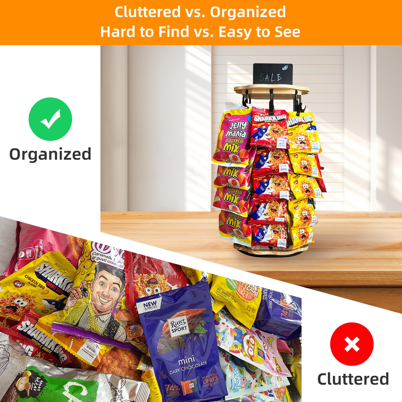 Wooden Flower-Shaped Rotating Chip Rack Display Stand with 40 Clips - Snack Organizer for Pantry, Party & Concession Stand - Waterproof Chip Bag Holder for Home, Office & Store Displays
