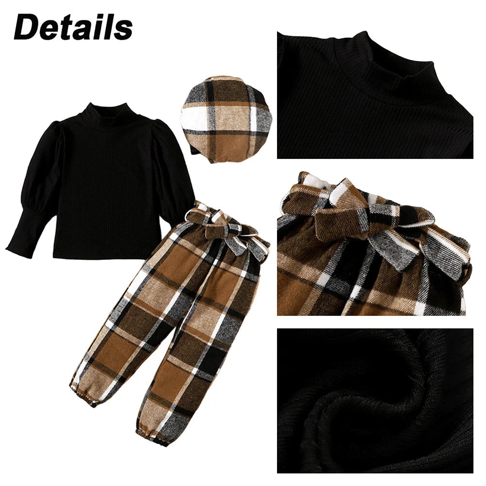 18M-6Y Girls Autumn Outfit Set - Solid Color Puff Sleeve Top + Bow Plaid Pants + Hat 3-Piece Fashion Ensemble | Perfect for Fall Festivals, Photo Shoots & Special Occasions