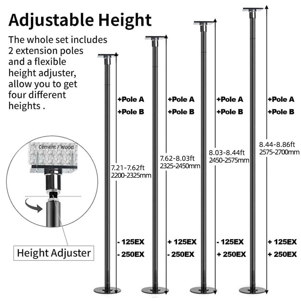 Adjustable Height Permanent Dance Pole with Fixed Base - Enhanced Safety & Stability for Home Dance Practice, Pole Fitness & Studio Training