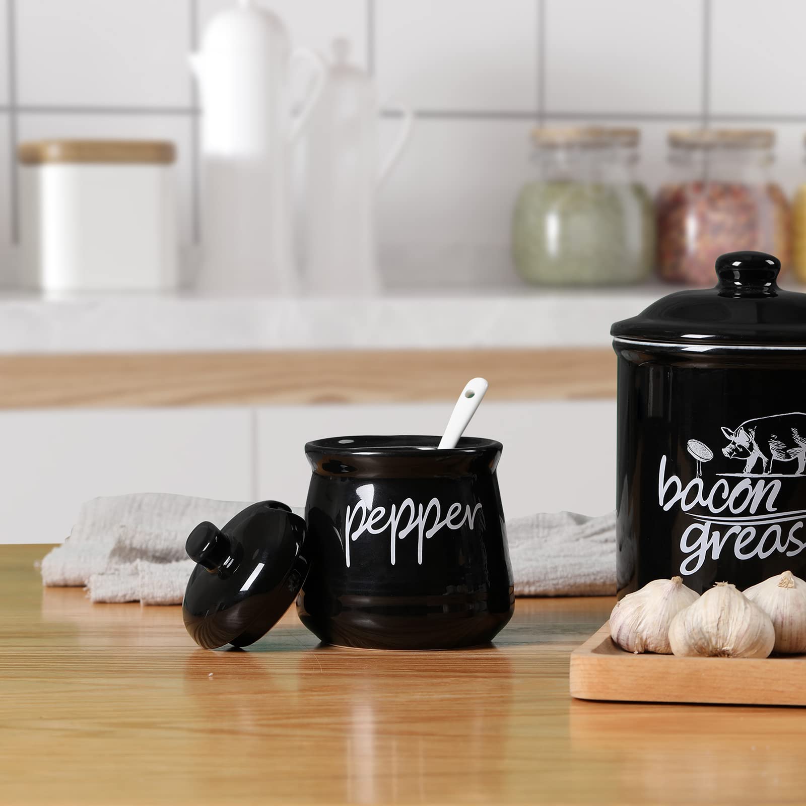 ONTUBE 12oz Ceramic Salt and Pepper Shakers with Lid & Spoon - Airtight Spice Containers for Kitchen, Dining Table, and Picnic Use (Black)