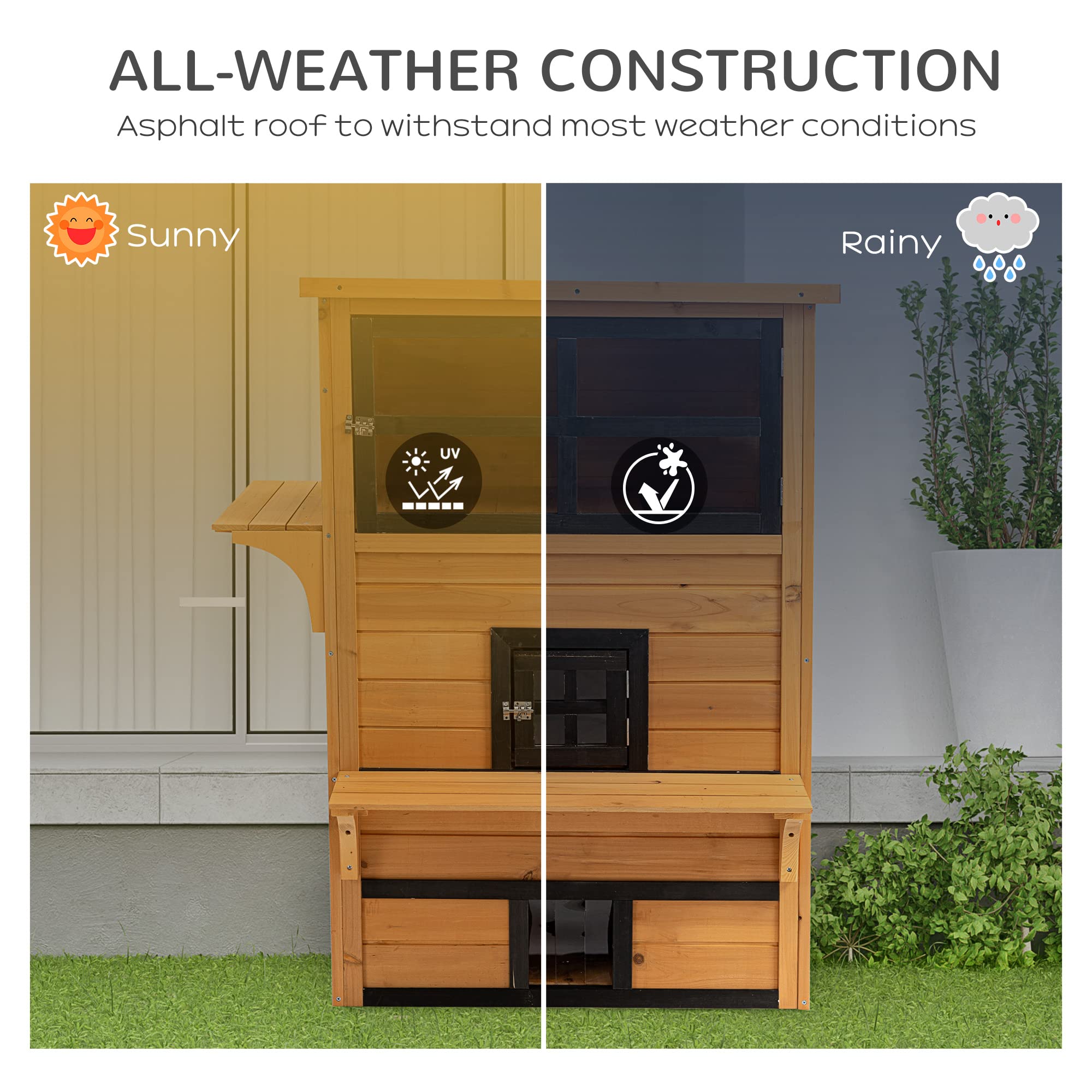 PawHut 3-Story Outdoor Cat House - Weatherproof Feral Cat Shelter with Asphalt Roof, Raised Floor, Escape Doors & Jumping Platforms - Perfect for Backyard, Garden & Patio Use