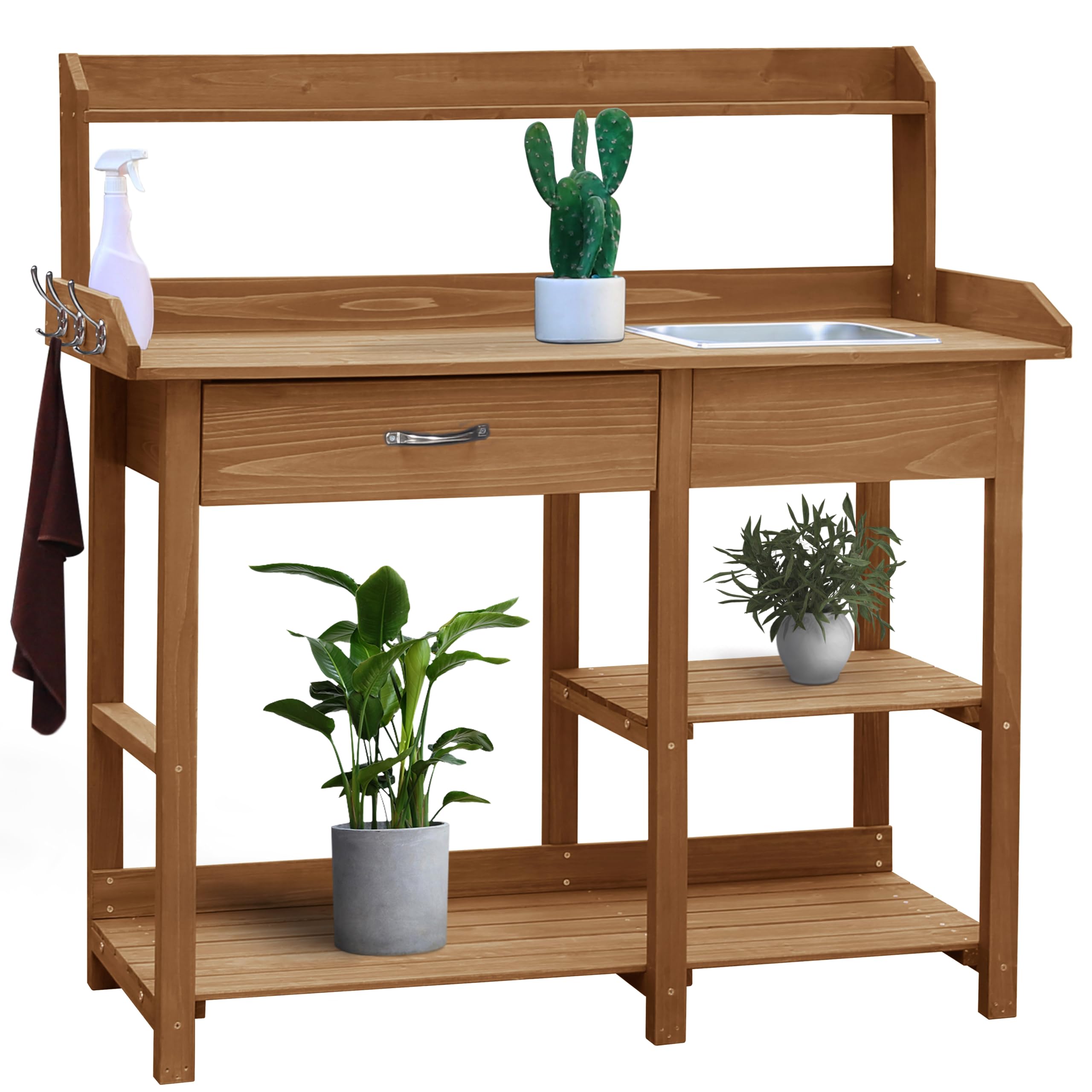 VEIKOU Outdoor Potting Bench with Stainless Steel Sink, Drawer & Storage Shelves - Heavy Duty Garden Work Table for Planting, Gardening - Perfect for Yard, Patio, Greenhouse & Backyard Use