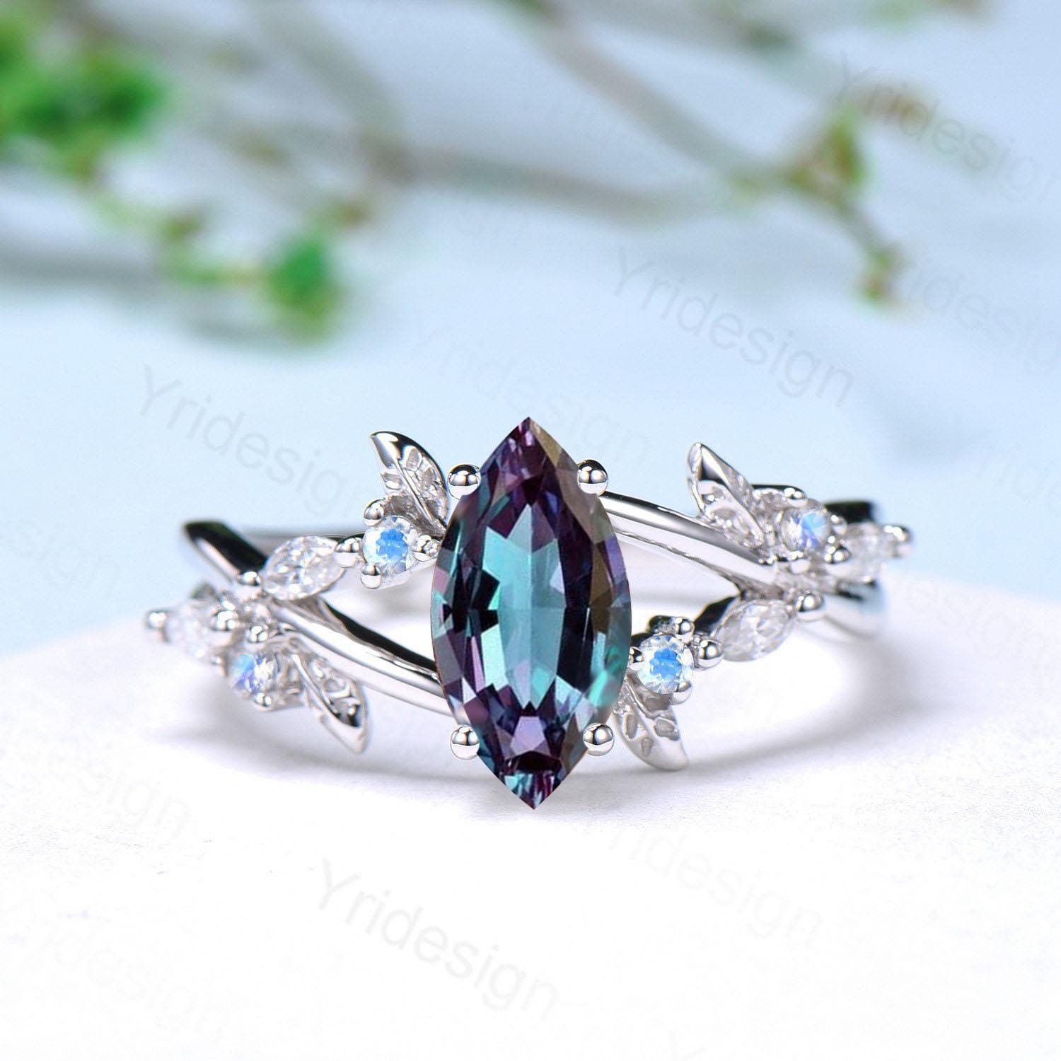 Natural Inspired Marquise Alexandrite Engagement Ring - Unique Leaves Branch Design, Color Changing Gemstone, Moonstone Cluster, Split Shank Twig Wedding Band - Perfect for Nature Lovers & Outdoor Wedding Proposals