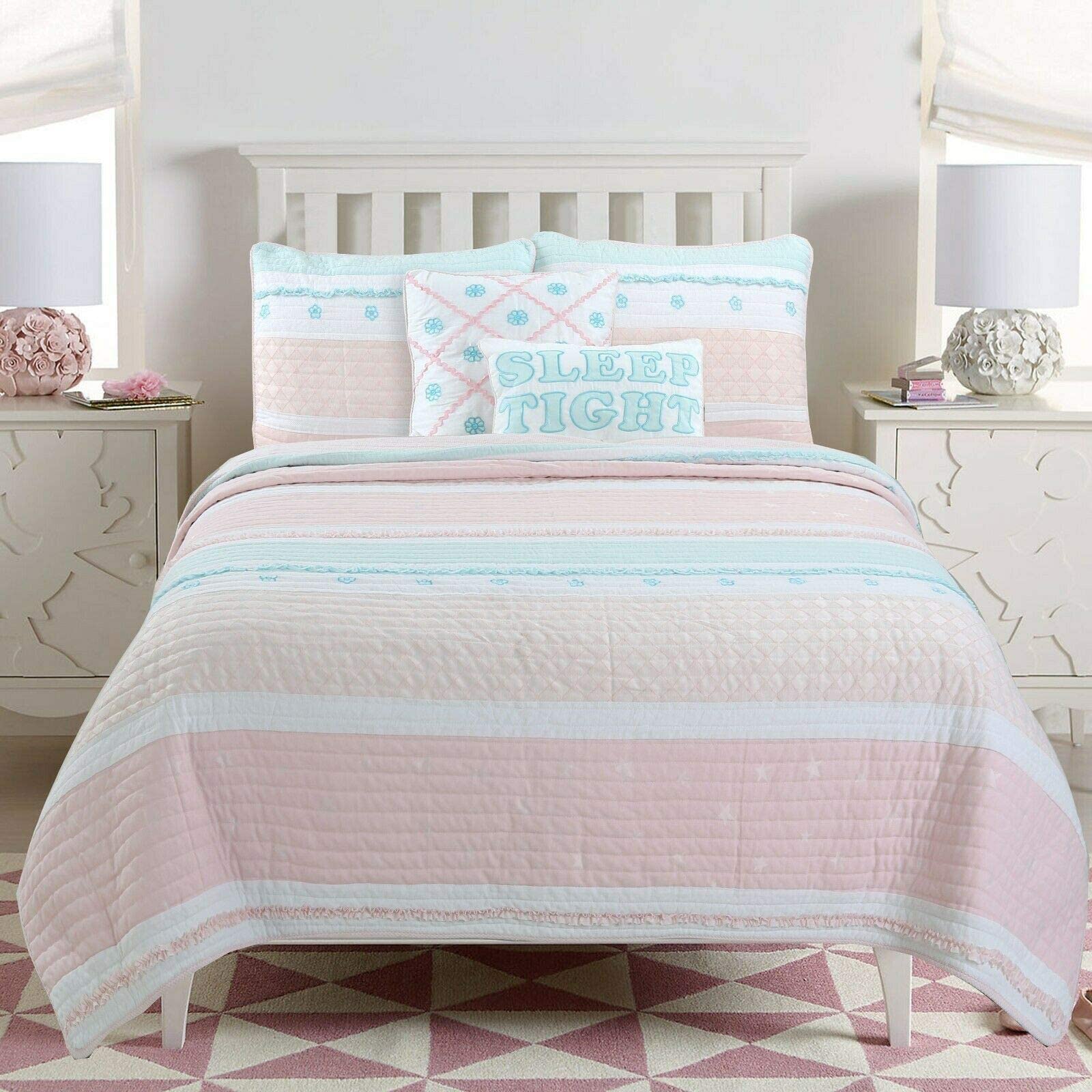 Light Pink & Blue Ruffled 100% Cotton Reversible Quilt Bedding Set - Twin Size 2-Piece (Quilt + Sham) | Cozy Line Home Fashions | Soft Girls' Bedspread & Coverlet | Perfect for Kids' Room, Nursery, or Guest Bedroom Decor