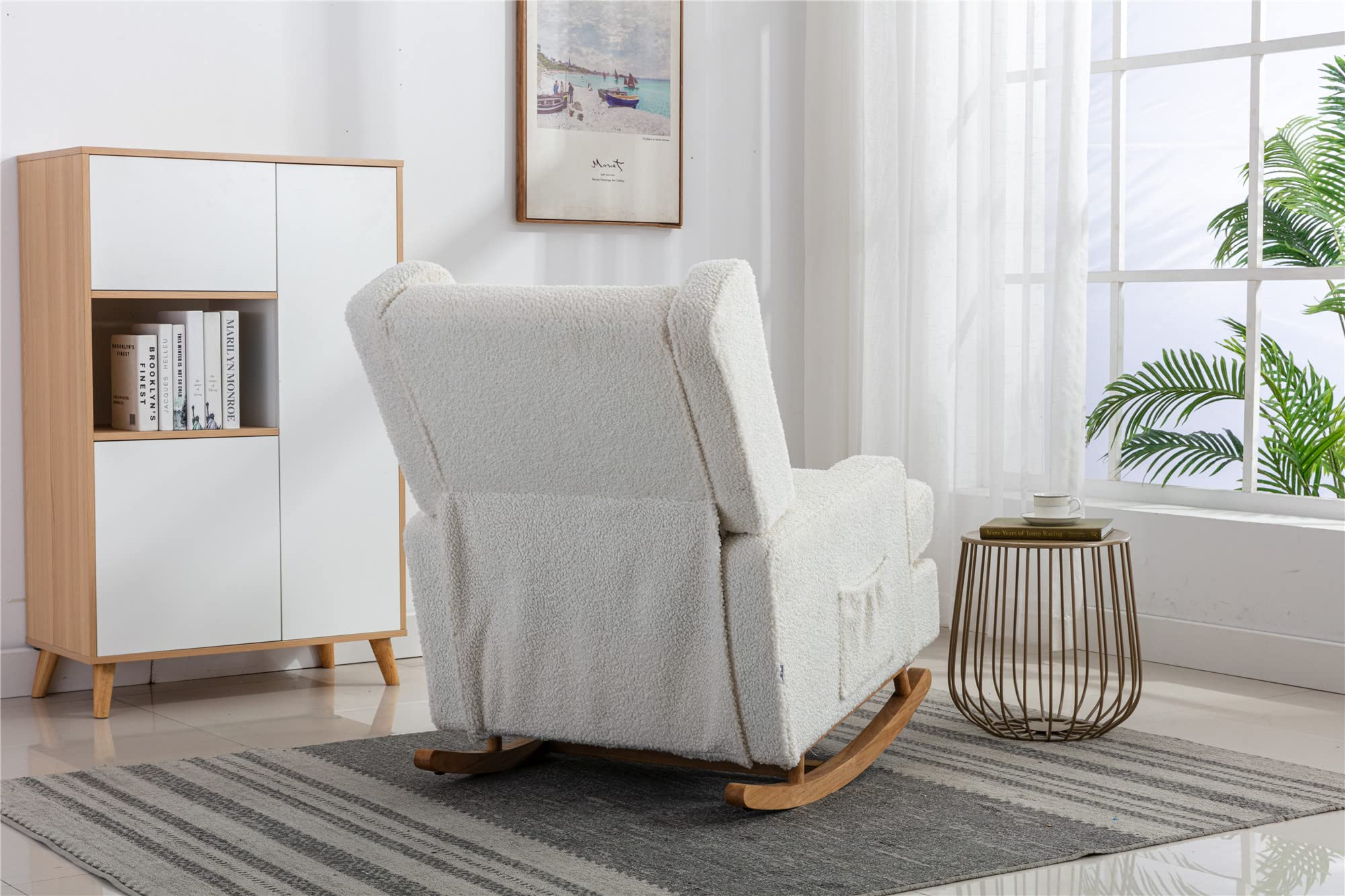 Bellemave White Teddy Rocking Chair - Upholstered Mid Century Modern Accent Chair for Living Room, Nursery & Baby Room with Solid Wood Base - Cozy Rocker for Relaxing, Nursing & Reading