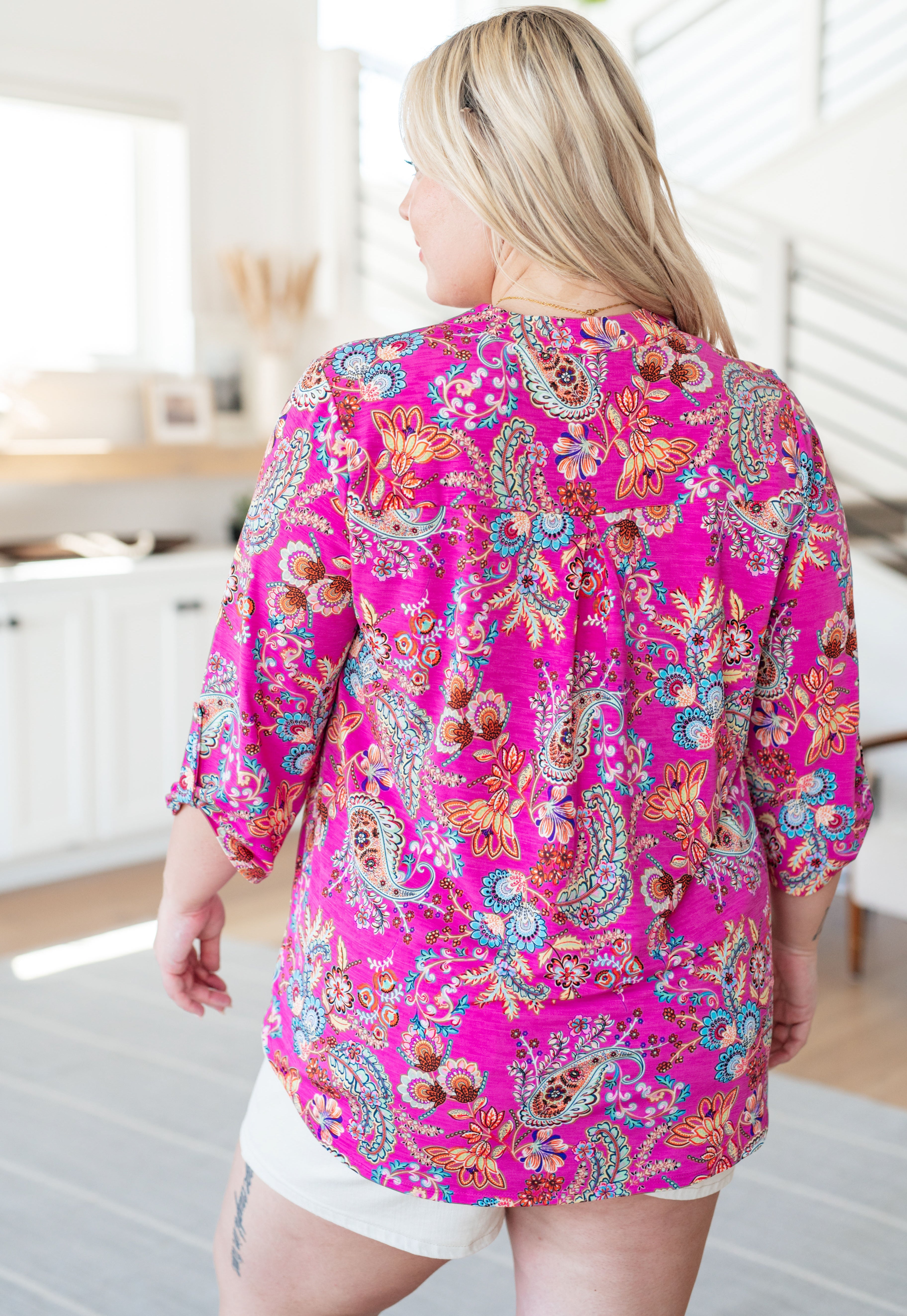 Lizzy Top Women's Blouse in Magenta Floral Paisley Print - Perfect for Summer Outfits, Date Nights & Casual Wear