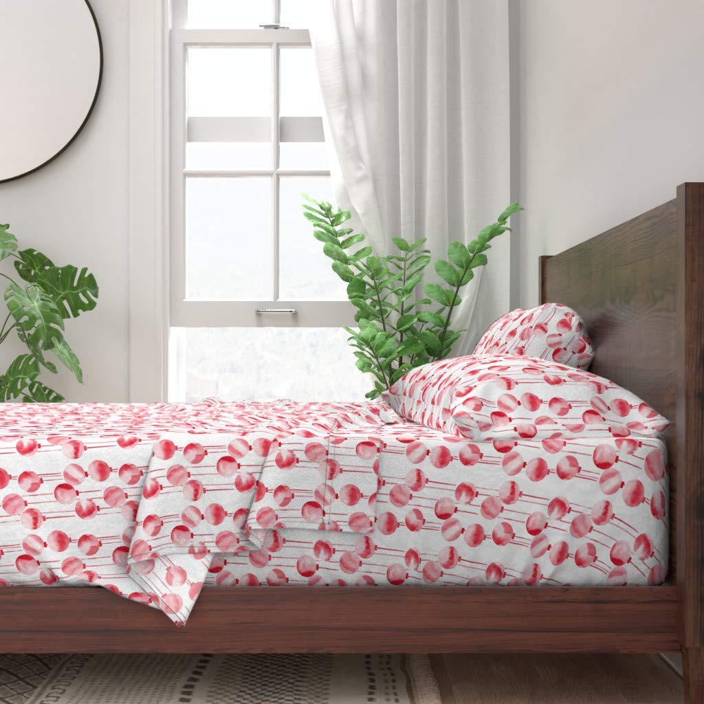 100% Cotton Twin 3-Piece Sheet Set - Red Watercolor Ornaments Christmas Holiday Vintage Print Custom Bedding | Festive White Cotton Sheets for Winter Decor & Cozy Bedroom