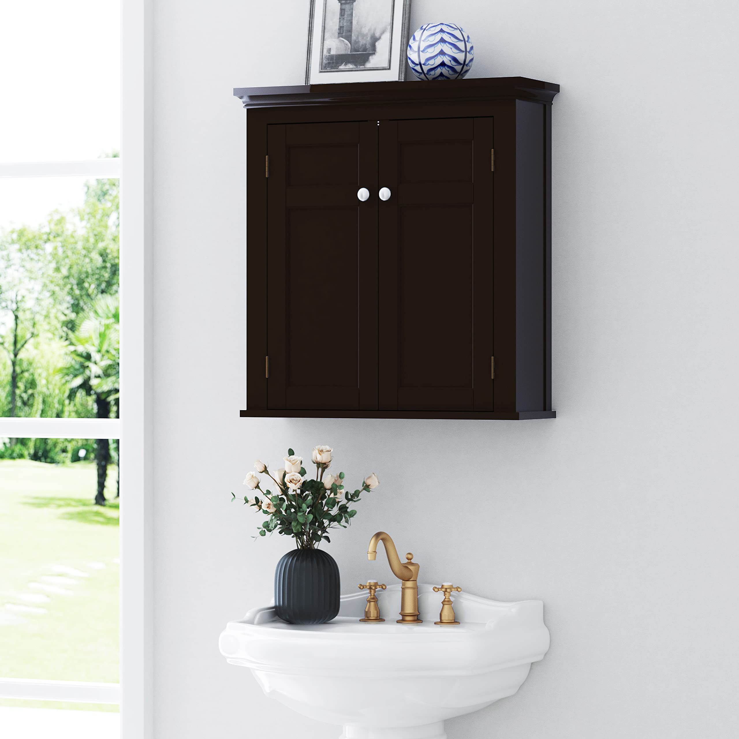 Spirich Wall Mounted Bathroom Storage Cabinet - Over Toilet Hanging Medicine Cabinet with Doors & Shelves, Espresso Finish | Perfect for Small Bathrooms, Apartment Storage & Organizing Toiletries