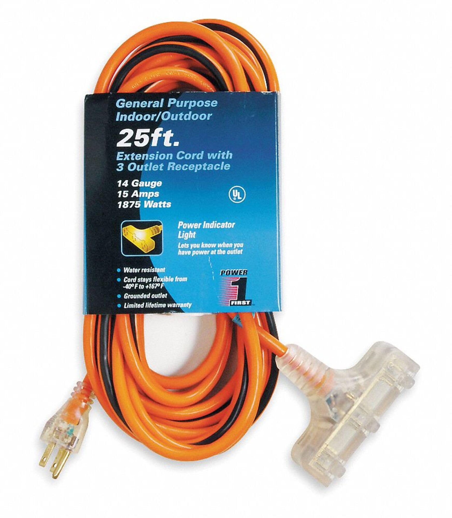 Power First 25 ft. 3-Outlet Heavy Duty Extension Cord 14/3 Gauge - Perfect for Home, Office & Outdoor Use