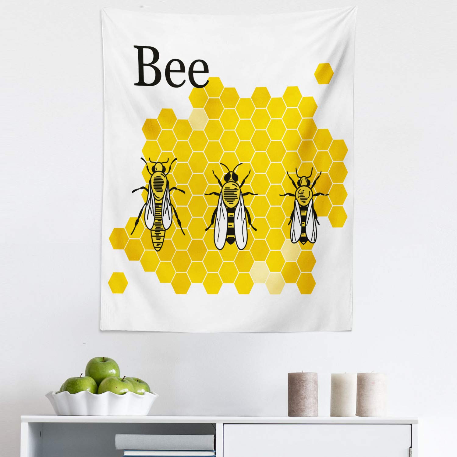 Ambesonne Queen Bee Tapestry King Size - Honeycomb Wall Hanging Bedspread with Computer Graphic Design of Queen Drone & Worker Bees | 23x28 Inch Earth Yellow Grey Decor for Bedroom, Living Room & Dorm