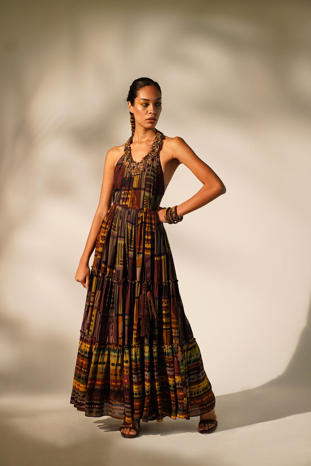 Stylish Multicolor Abstract Print Maxi Dress with Hand Baroque Metallic Embellishment - Perfect for Evening Parties, Weddings & Special Occasions