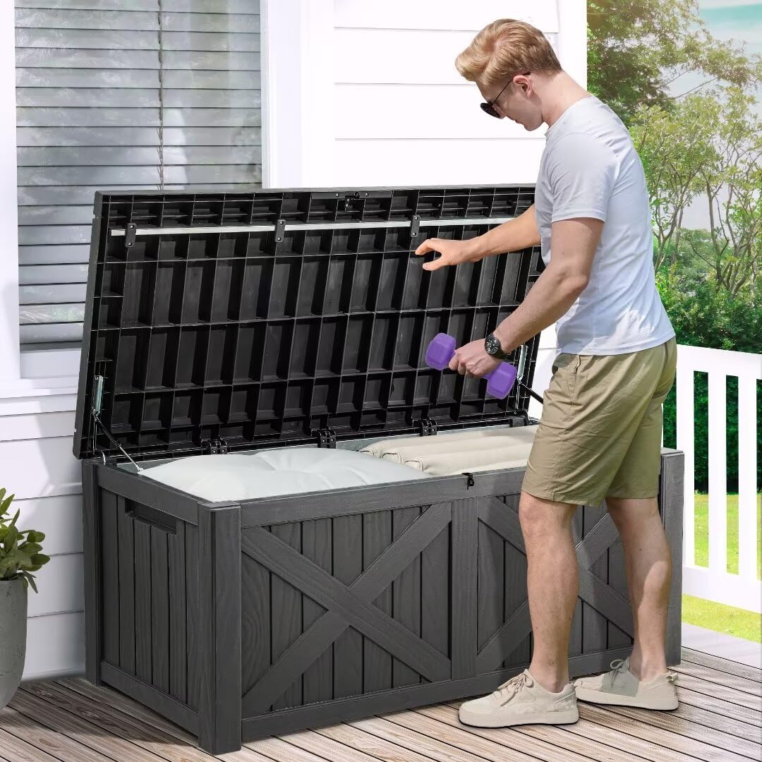YITAHOME 120 Gallon Large Deck Box with X-Shaped Front, Waterproof Outdoor Storage Container for Patio Furniture, Pool Toys & Garden Tools - Lockable Resin Storage Bench (Dark Gray) - Perfect for Backyard, Poolside & Outdoor Organization