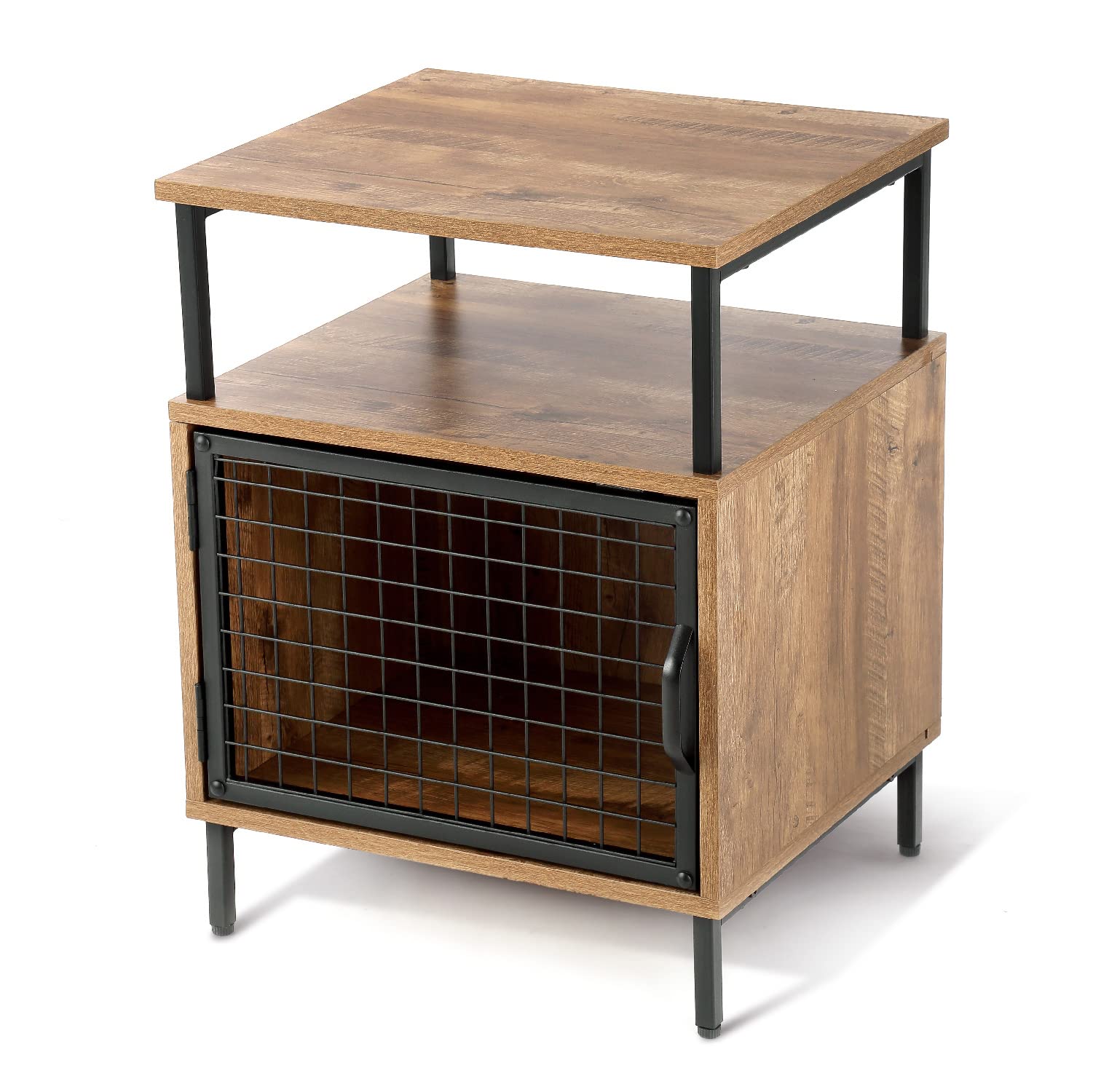 Landia Home End Table with Metal Cage Cabinet & Open Shelf - Rustic Oak Brown Finish, Smith Collection - Perfect for Living Room, Bedroom, or Office Side Table