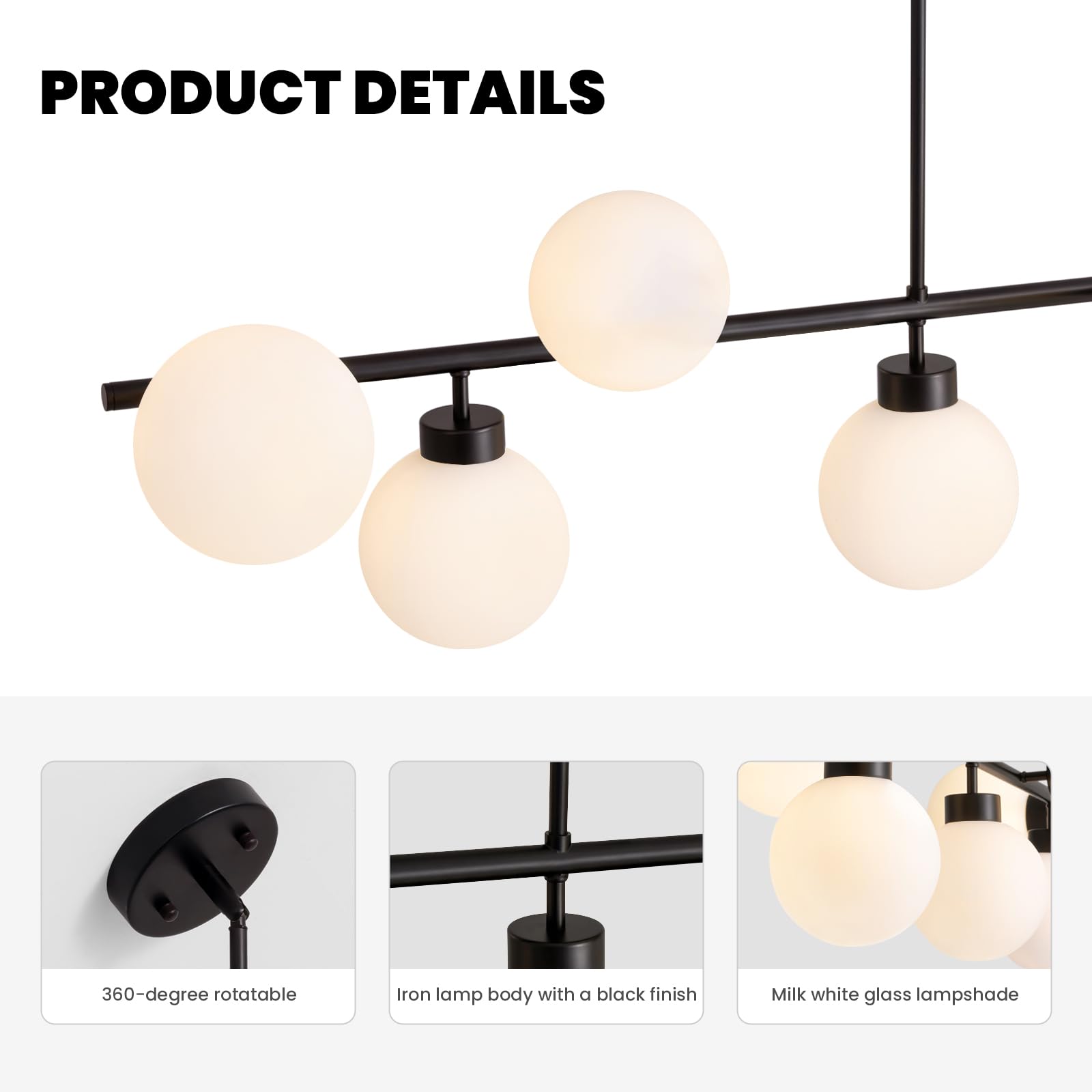 Crossio 7-Light Modern Linear Chandelier - Mid Century Black Sputnik Pendant Light with Glass Globe Rectangular Fixture - 47