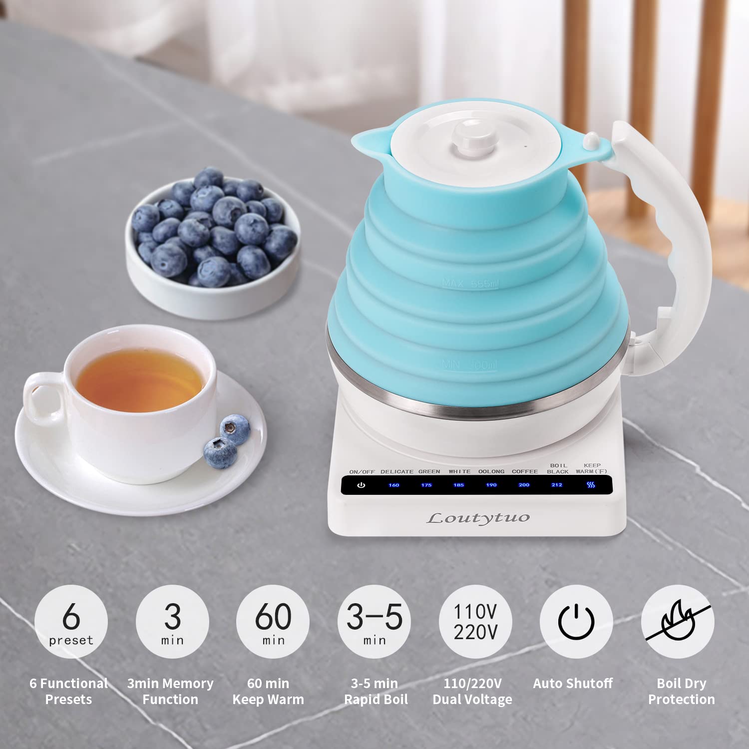 Premium Travel Electric Kettle - 555ML Ultra-Thin Food Grade Silicone, Foldable Design with Variable Temperature Control (110-220V Dual Voltage) | Auto Shutoff, Boil-Dry Protection & Keep Warm Function | Perfect for Hotels, Camping, Dorms & Office Use - US Plug