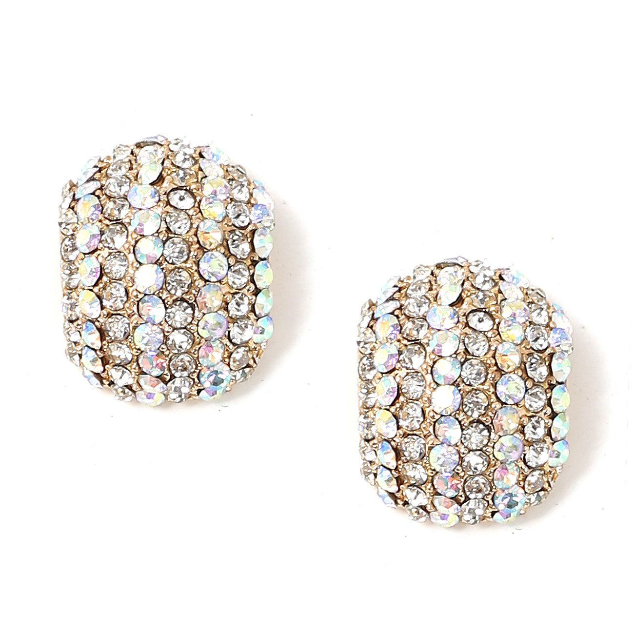 Gold Aurora Borealis & Crystal Rhinestone Wide Pave C-Hoop Stud Earrings - Elegant Statement Jewelry for Parties, Weddings & Evening Events