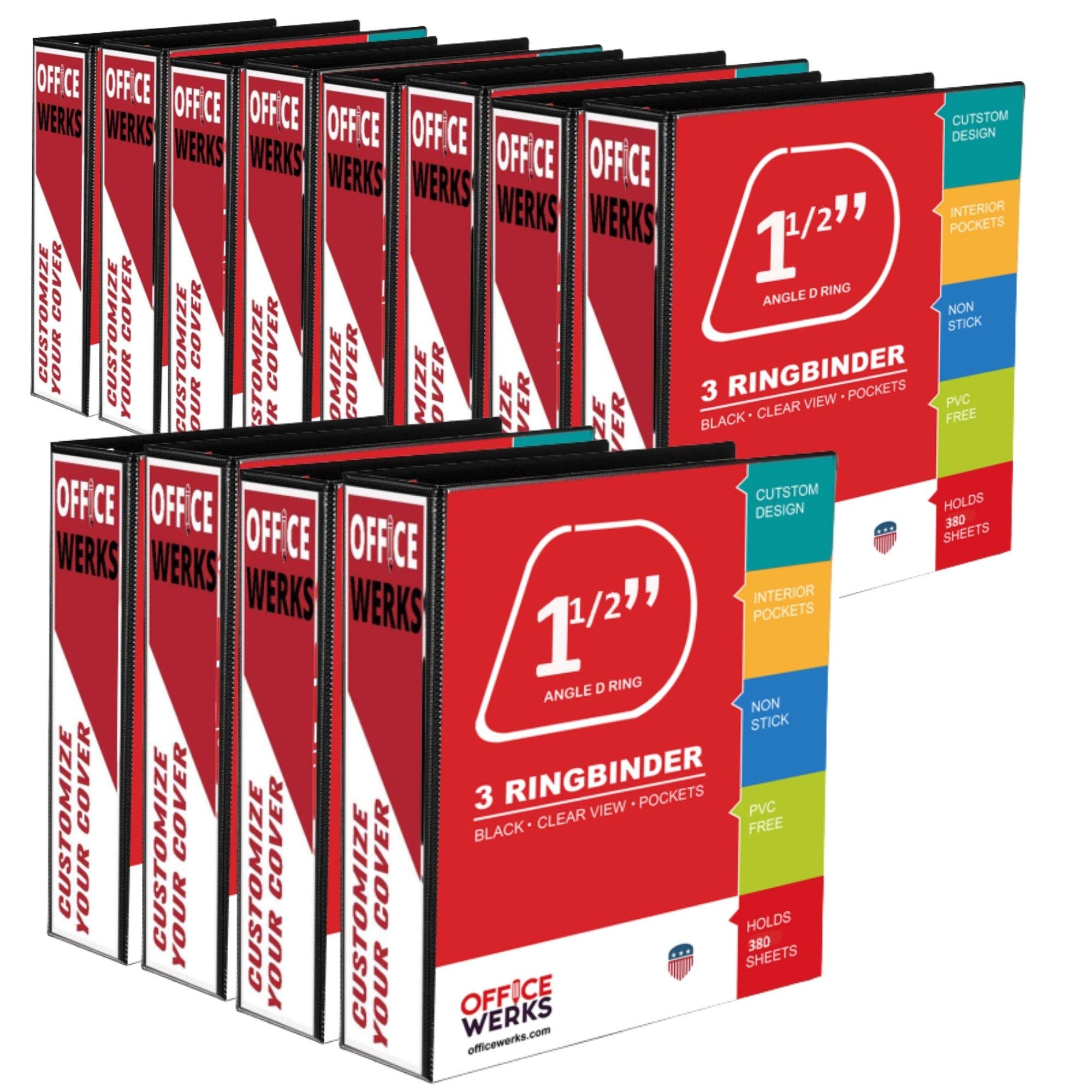 Professional 1.5 Inch 3 Ring Binder with Angle D Rings - 12 Pack Black Presentation Folders for 8.5x11 Standard Pages, Clear View Pockets - Perfect for Office Documents, School Projects & Business Meetings