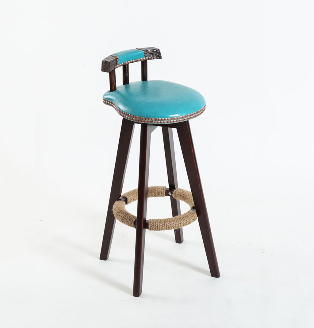 Vintage Wooden Bar Stool - Solid Wood Rotating Seat Cushion, Light Blue, 70cm Height, European Style Bar Front Desk Chair - Perfect for Home Bars, Kitchen Islands & Cafe Counter Seating
