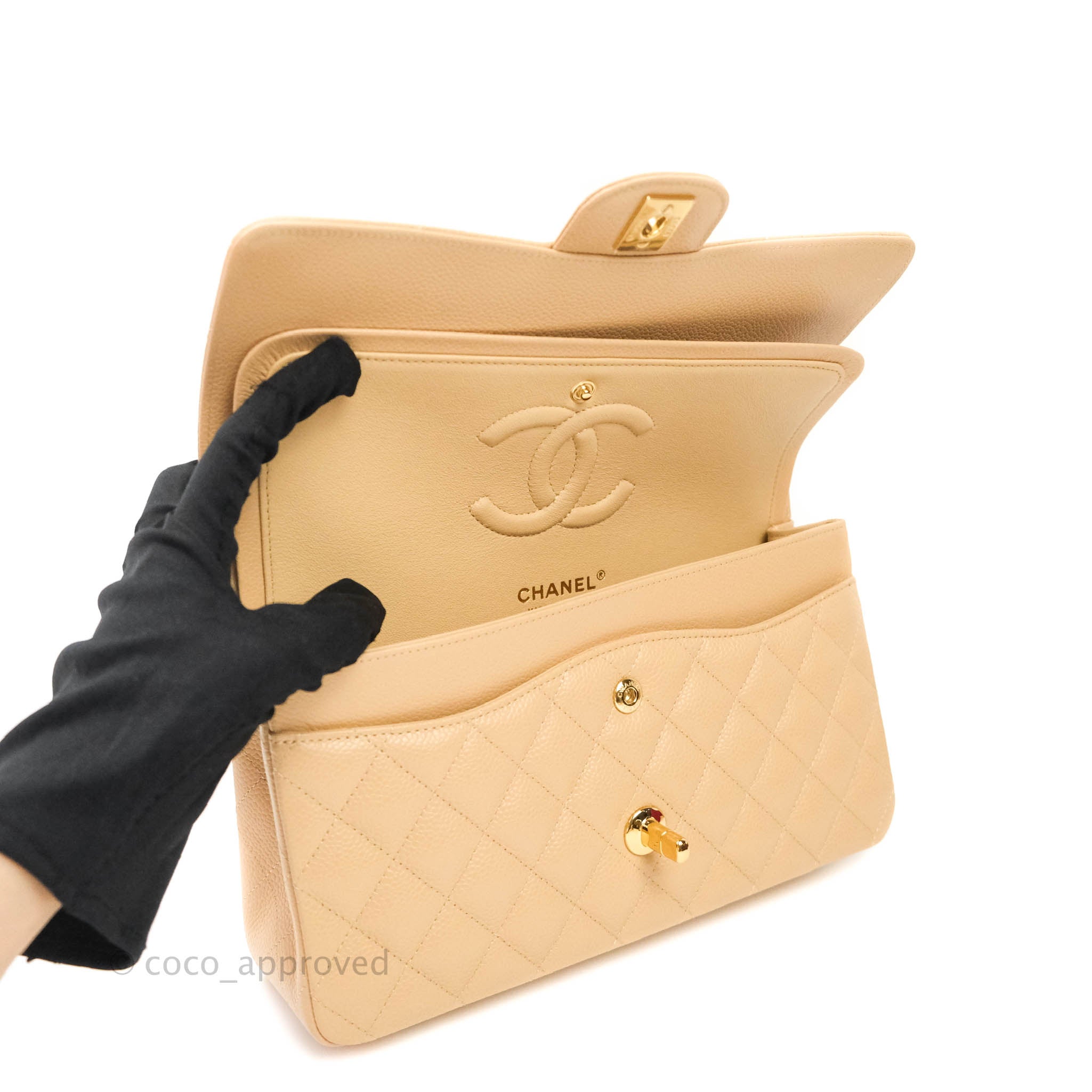 Chanel Classic Medium Double Flap Bag in Beige Caviar Leather with Gold Hardware - Luxury Handbag for Women, Perfect for Work, Evening Events & Special Occasions