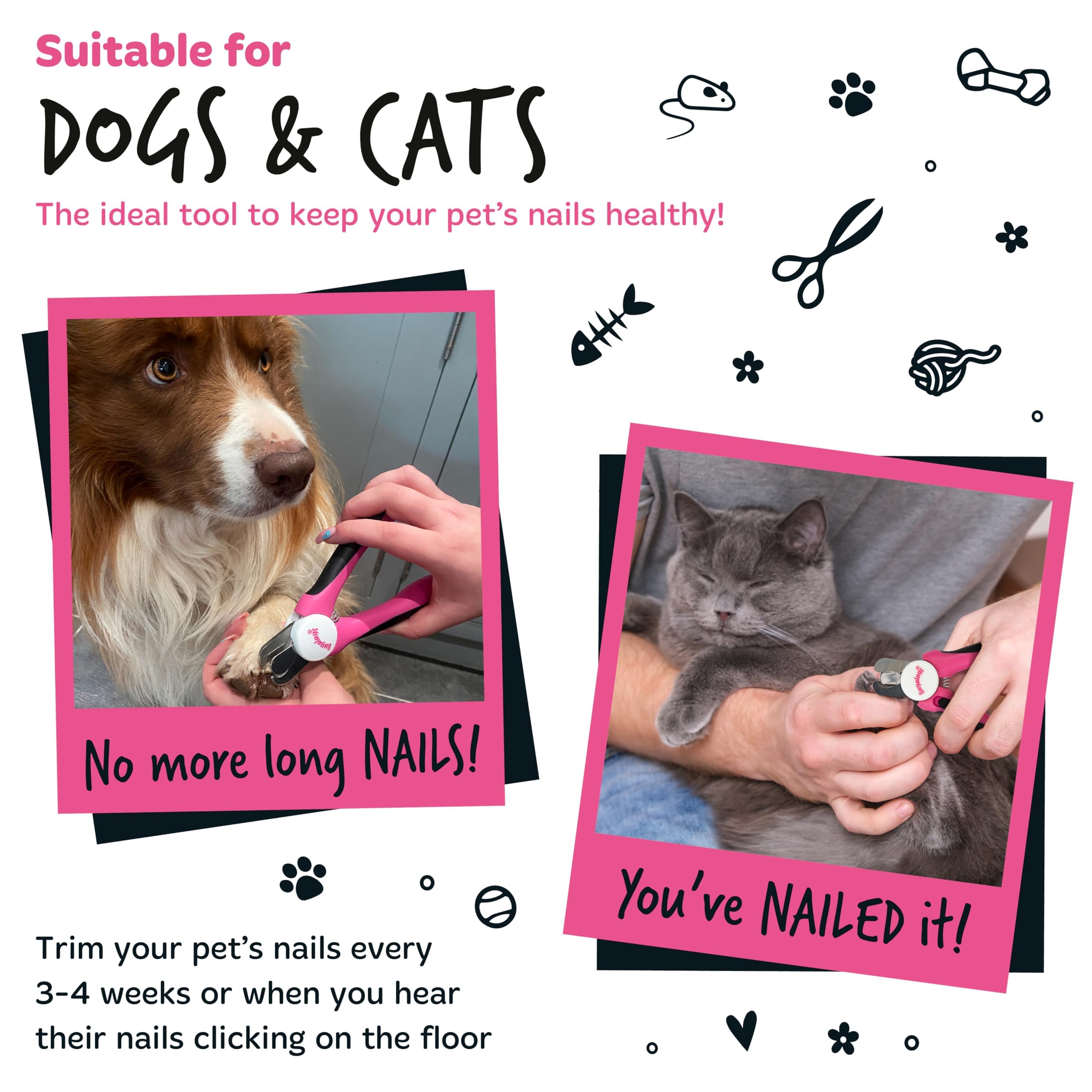 BUGALUGS Dog & Cat Nail Clippers with Safety Guard - Professional Pet Nail Trimmer & File for Dogs, Cats, Puppies & Kittens - Medium to Large Pet Grooming Supplies for Safe At-Home Nail Care