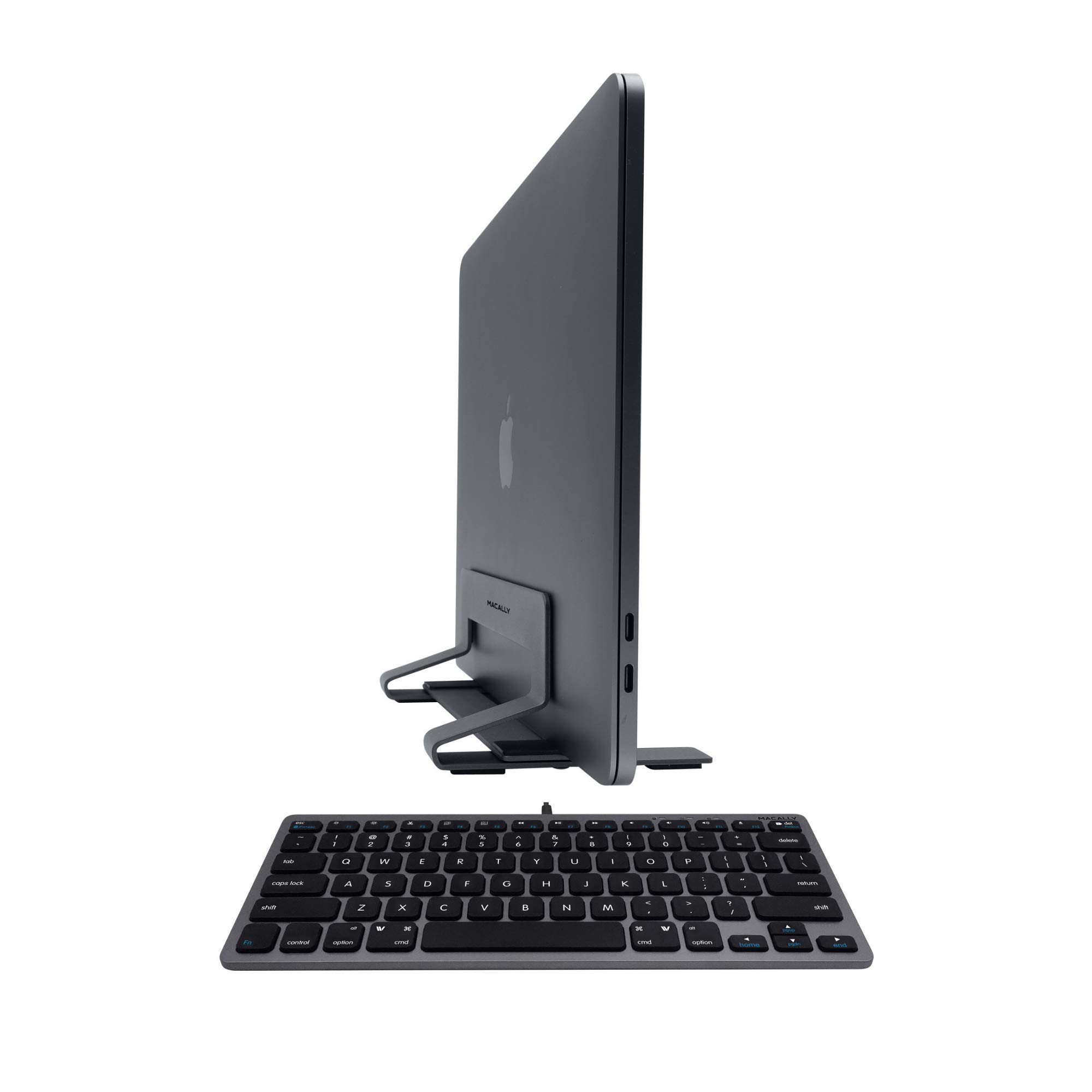 Macally Mini Space Grey Bluetooth Keyboard & Adjustable Vertical Laptop Stand Set - Premium MacBook Accessories for Home Office, Workstation & Travel Use